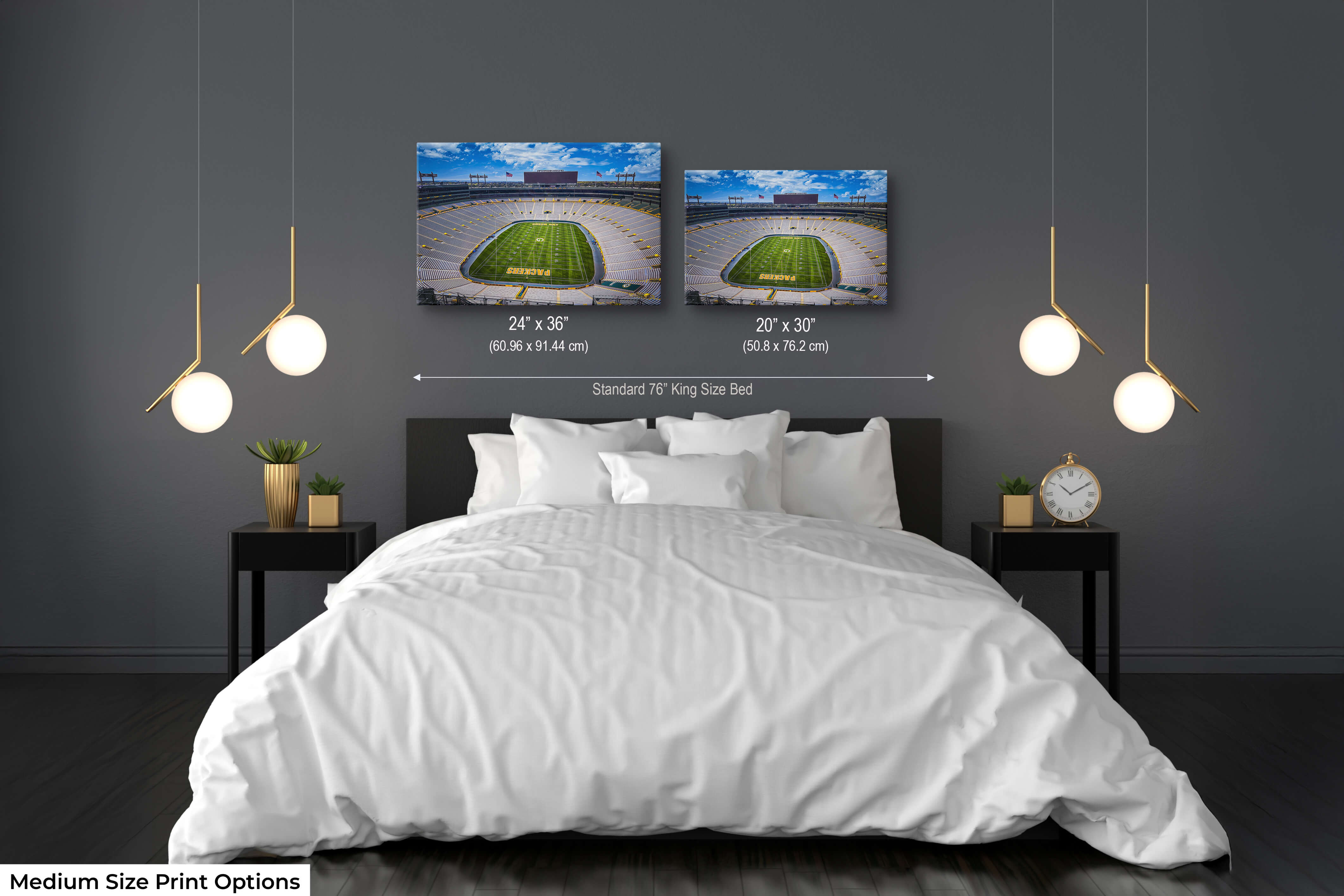 Lambeau Field prints in 20x30 and 24x36 sizes shown above a king bed for bedroom art size reference.