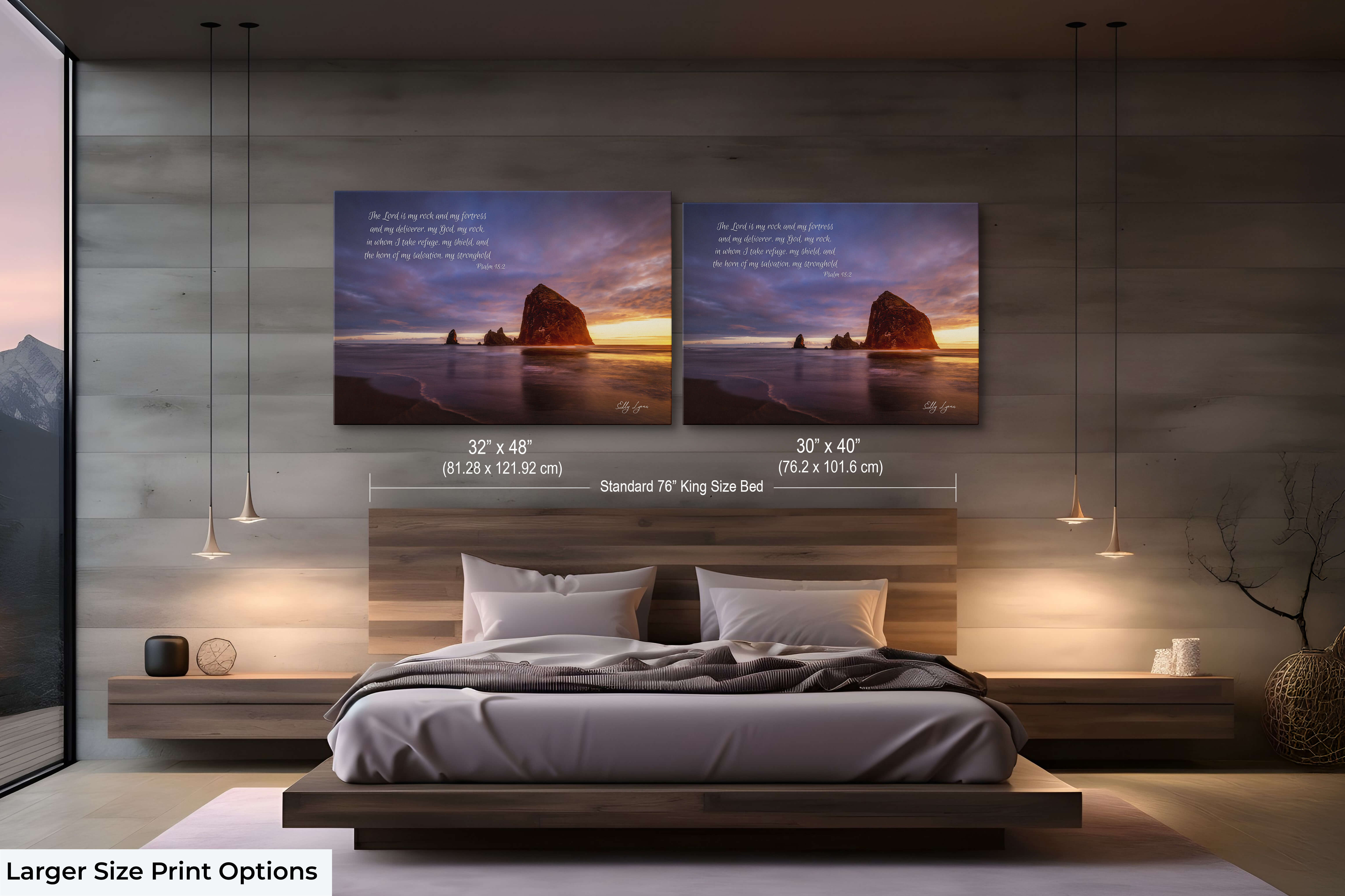Two large prints showcasing Psalm 18:2 coastal photography in a faith-inspired bedroom retreat.