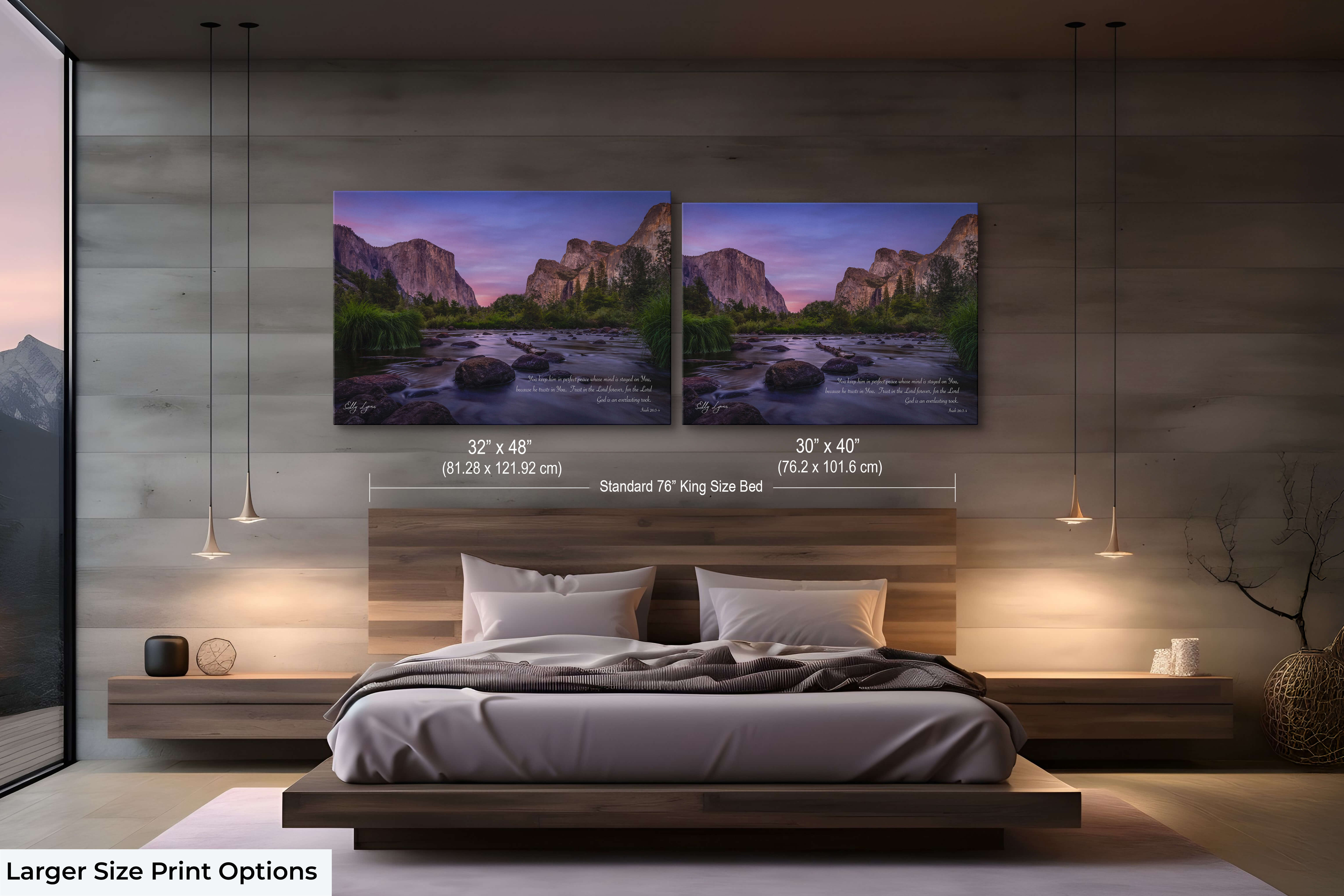 Large-size Christian fine art of Yosemite with Isaiah 26:3-4 displayed above bed in warm bedroom.