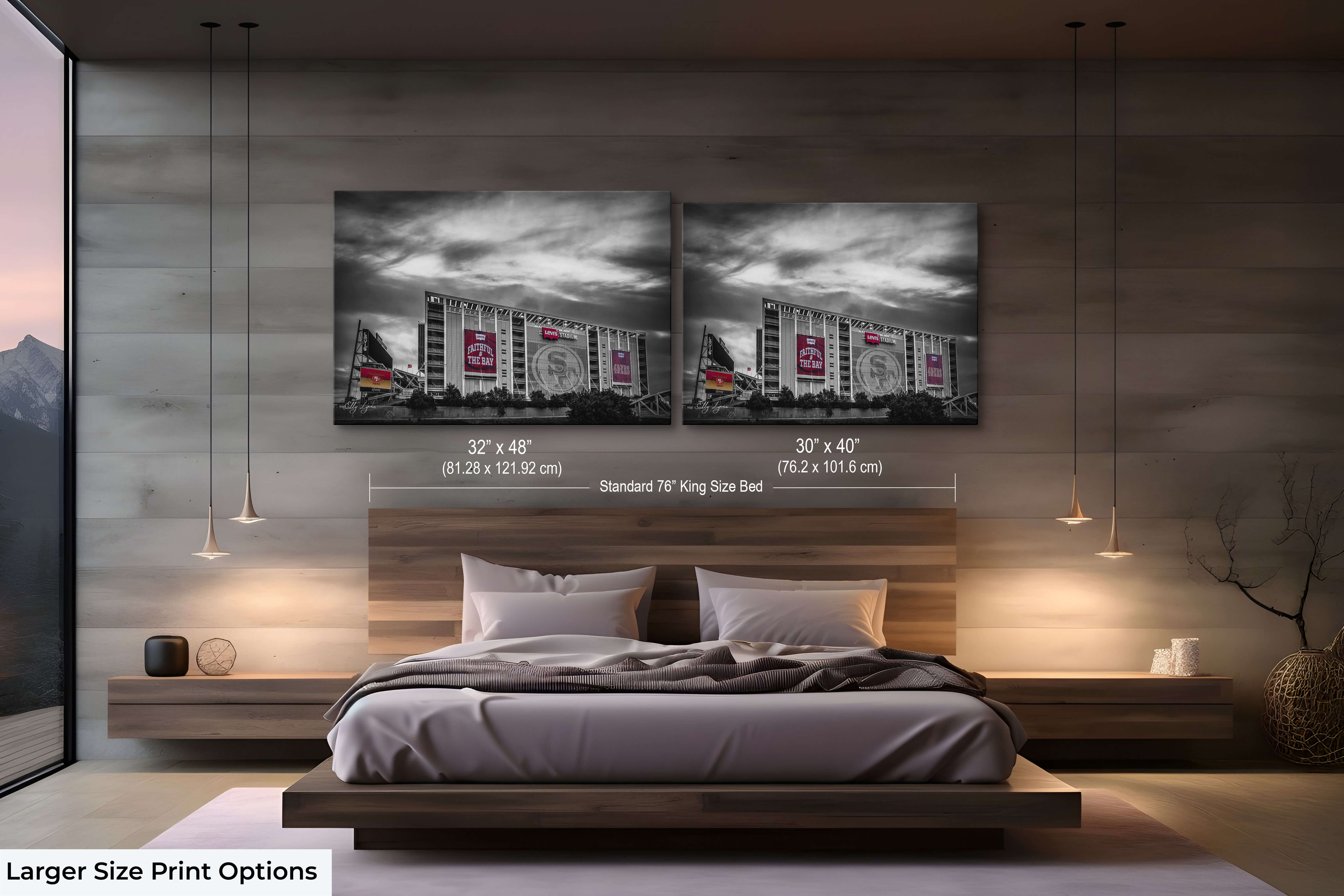 Oversized 30x40 and 32x48 color splash stadium prints shown above a luxury king bed, demonstrating bold visual impact in premium interiors.