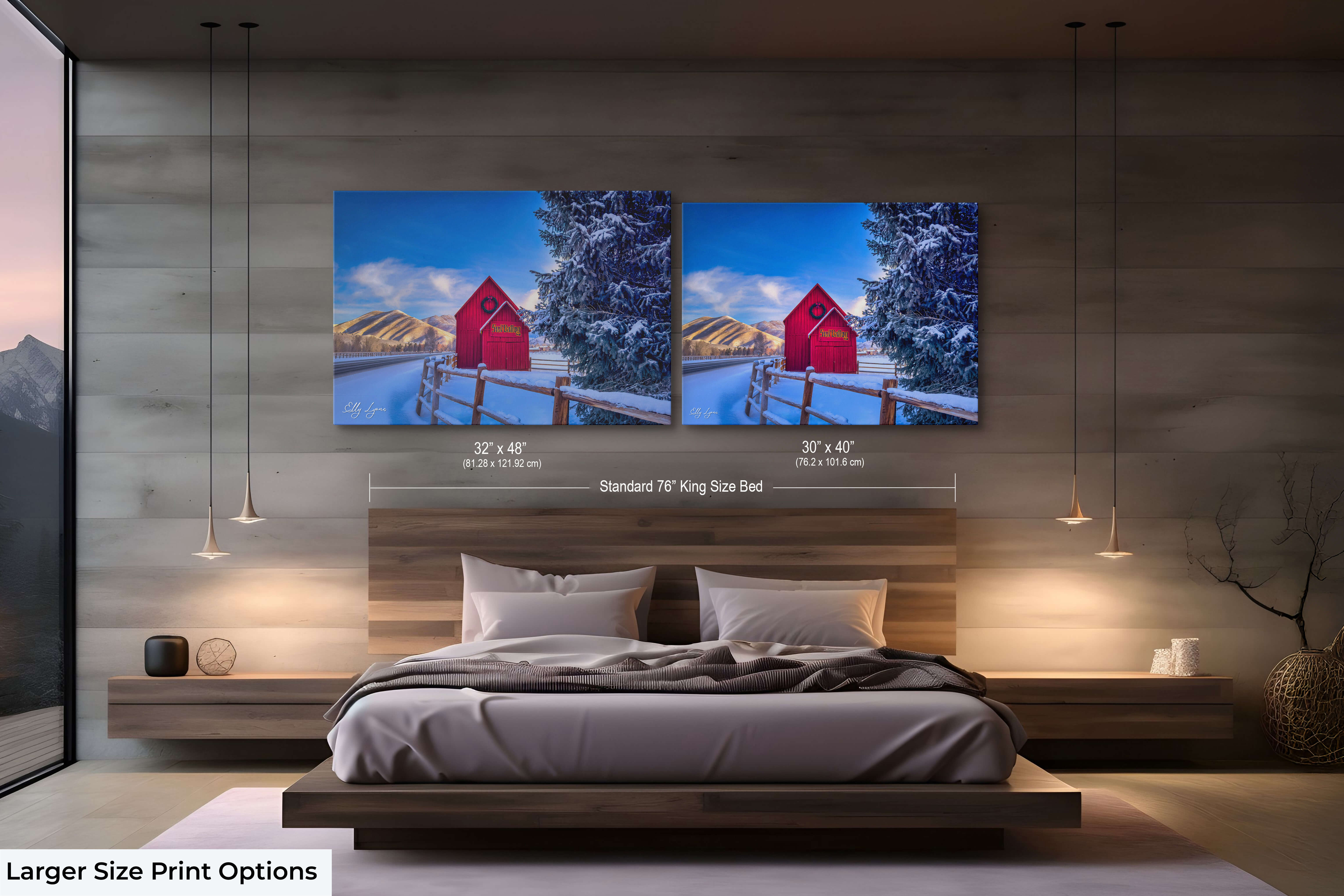 Large Sun Valley barn prints hung side-by-side in a snowy-themed bedroom.