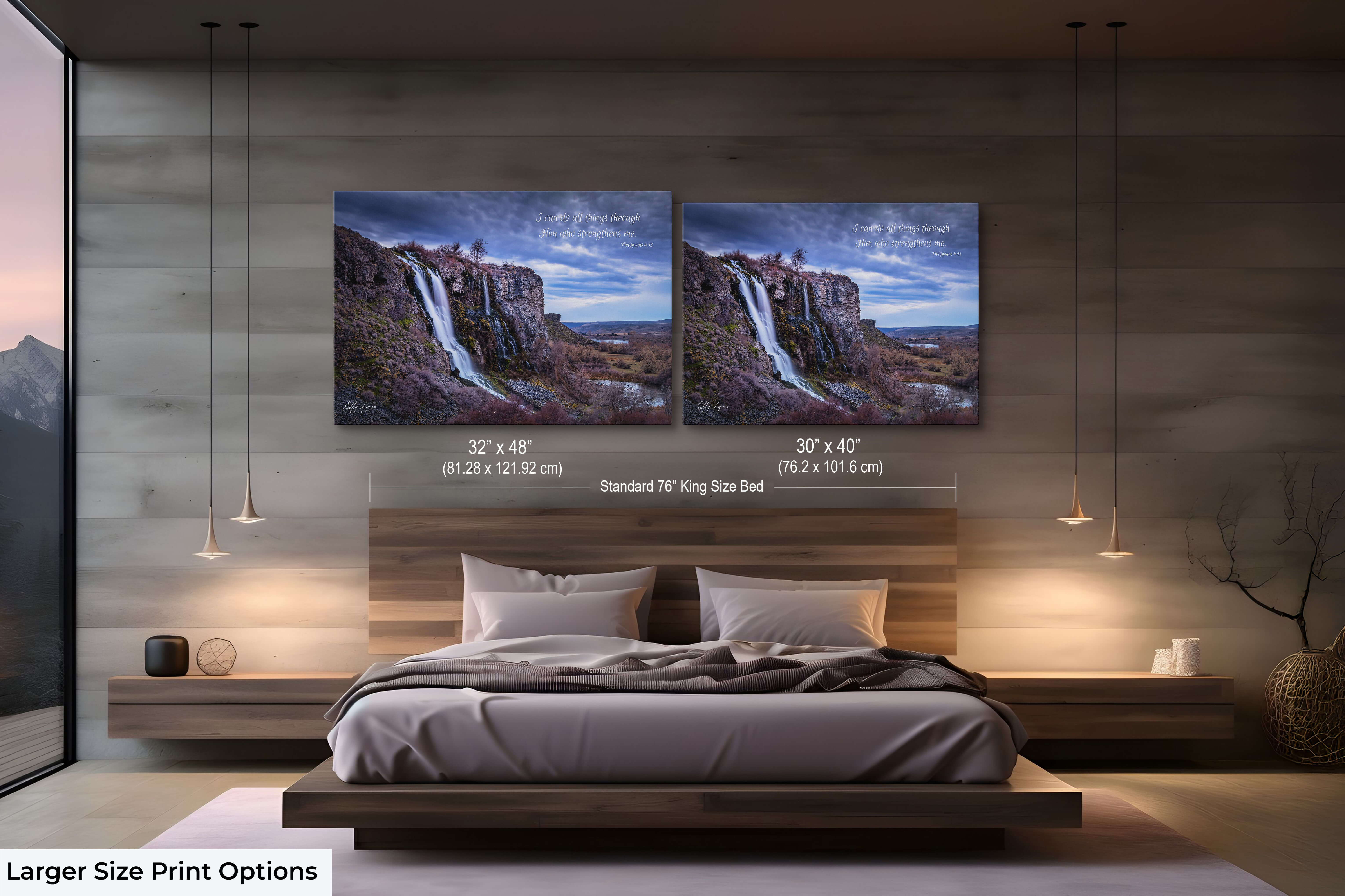 Set of two large fine art prints with waterfall imagery and Philippians 4:13 verse displayed in a serene bedroom.