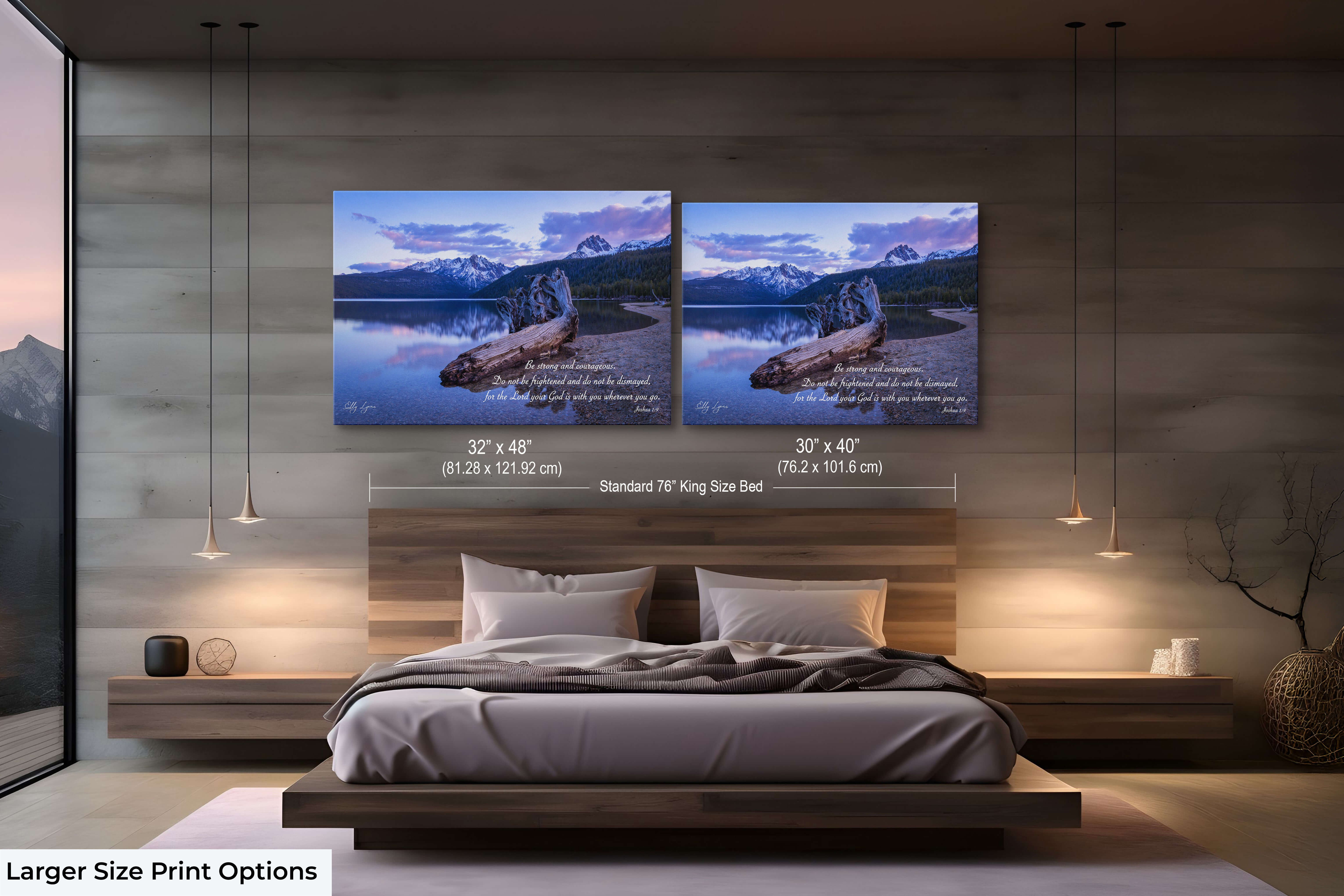 Set of large scripture landscape prints with Joshua 1:9 verse and tranquil mountain lake in a cozy bedroom setting.