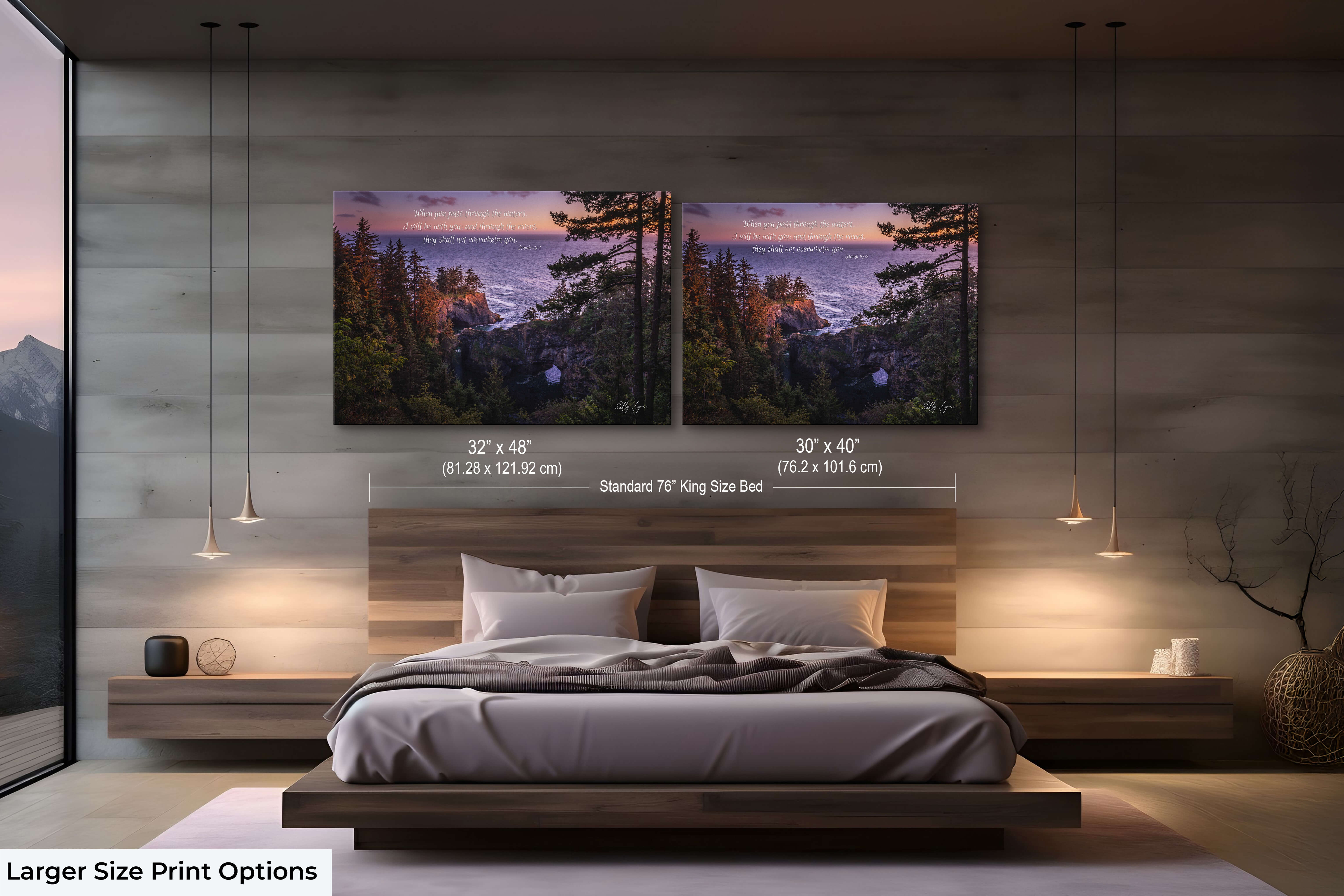 Large Christian artwork featuring Isaiah 43:2 and sunset coastal view displayed over bed.