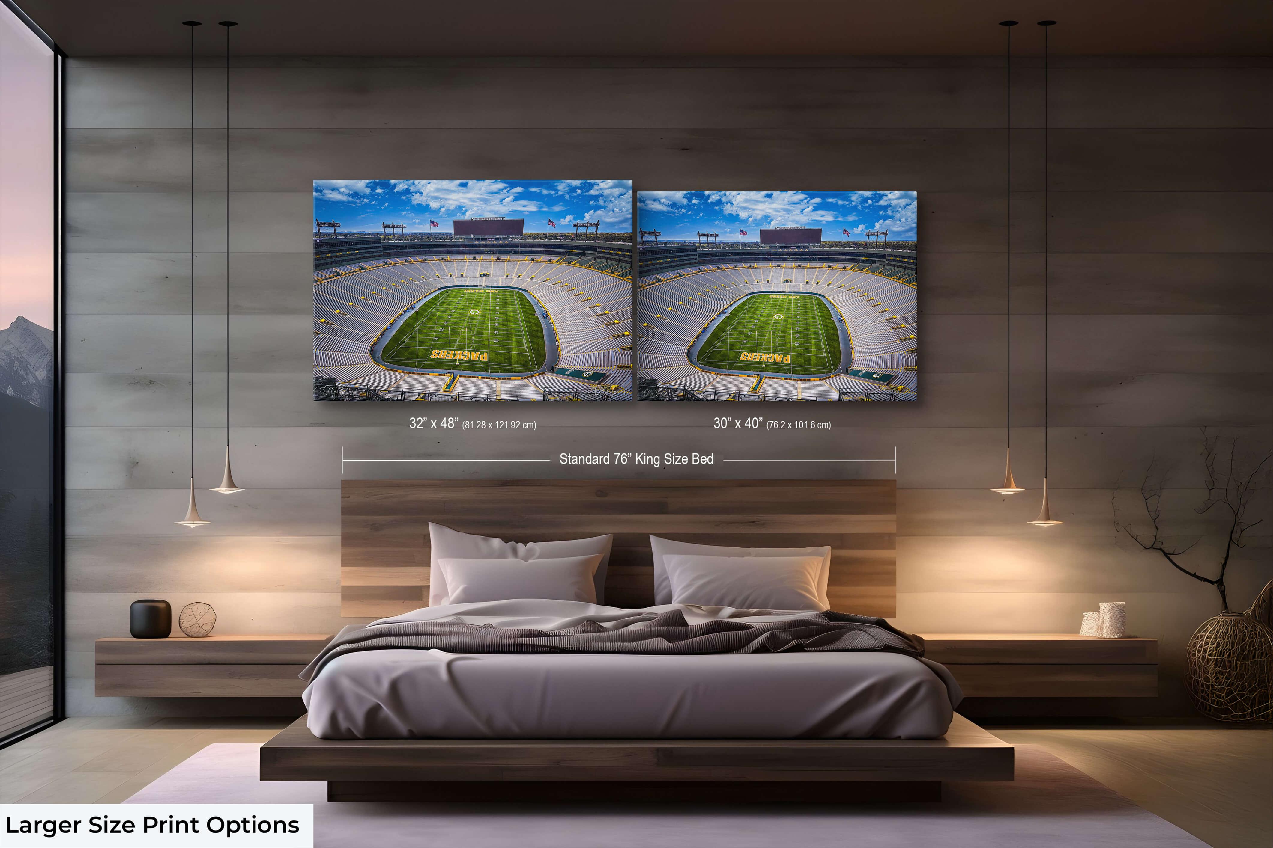 Large Packers stadium wall art in 30x40 and 32x48 formats above a modern king-size bed for large statement decor.