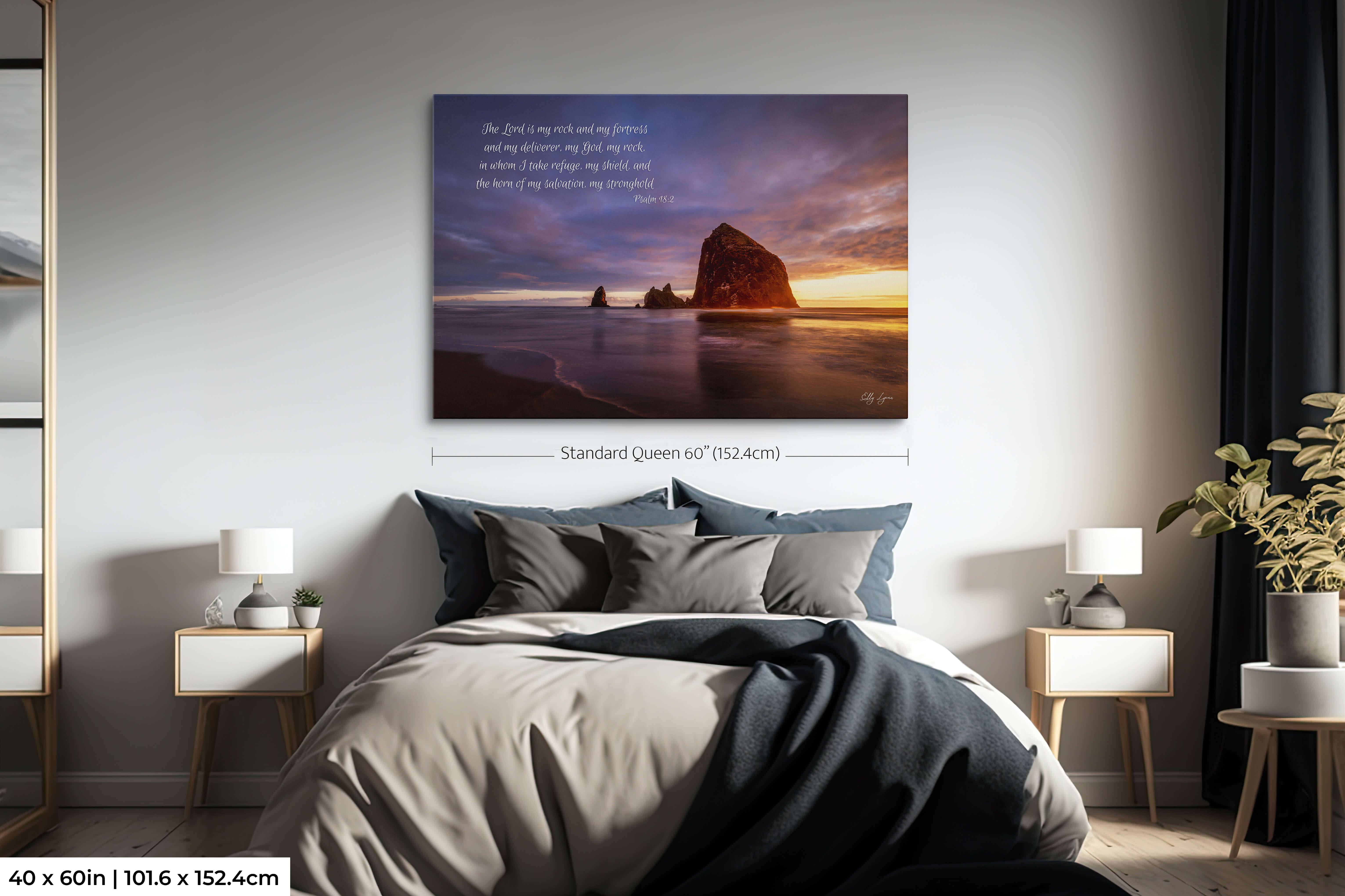 Extra large Christian wall art with Haystack Rock and “The Lord is my stronghold” in a bedroom setting.