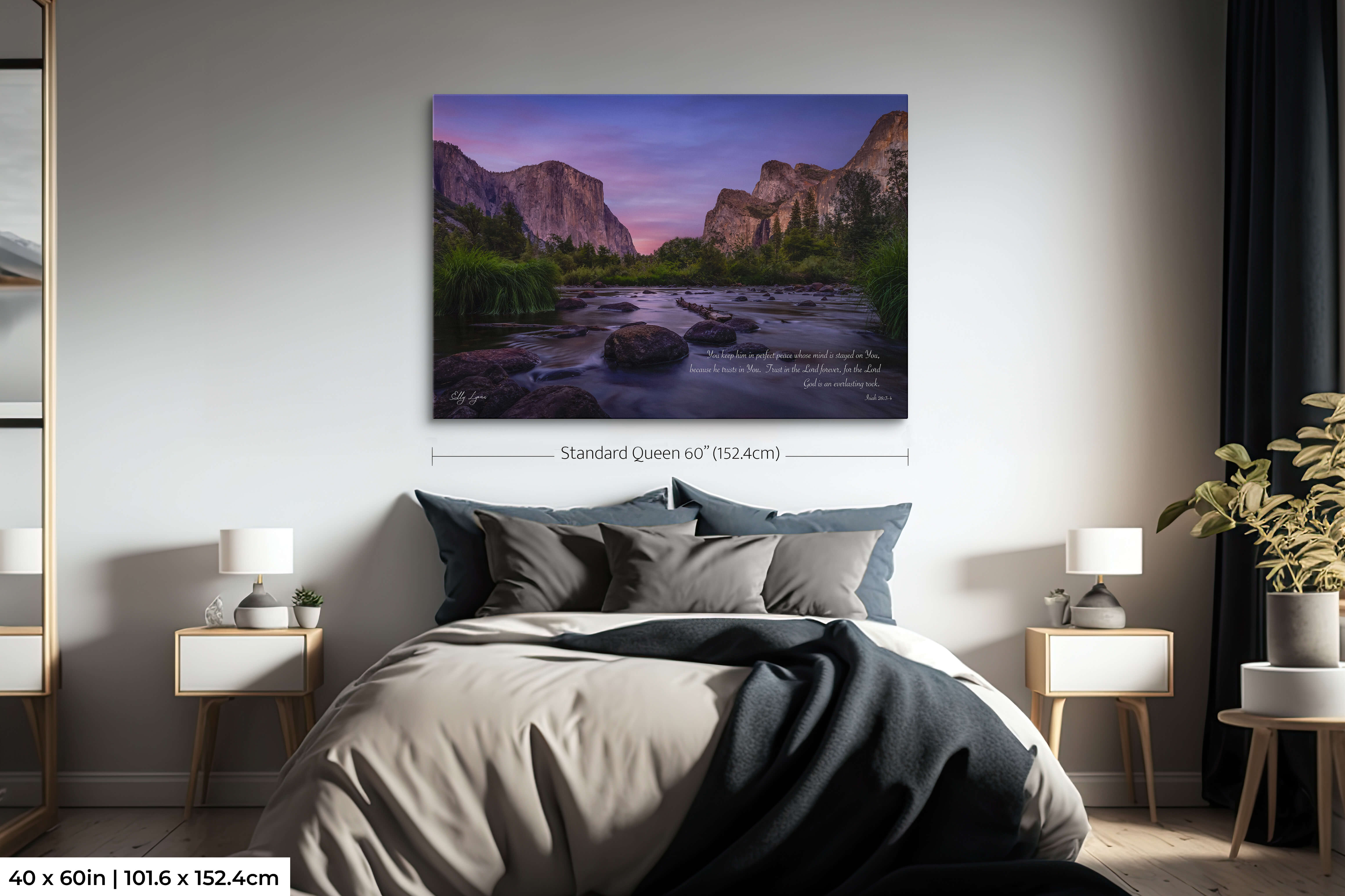 Oversized print of Yosemite landscape with Isaiah 26:3-4 scripture, “Trust in the Lord forever,” above bed.