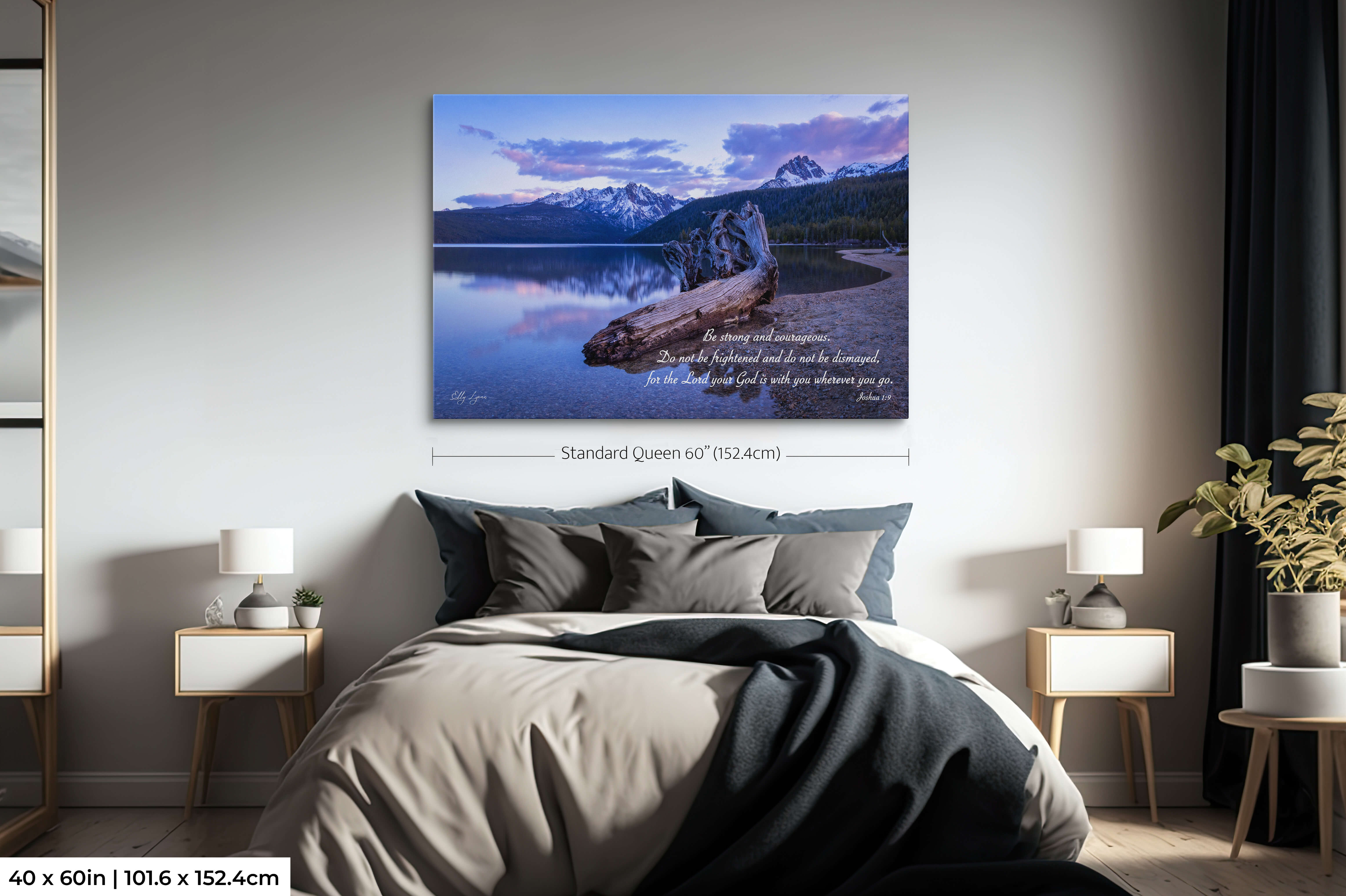 Oversized Christian landscape art featuring Joshua 1:9 over a still lake and snowcapped mountains.