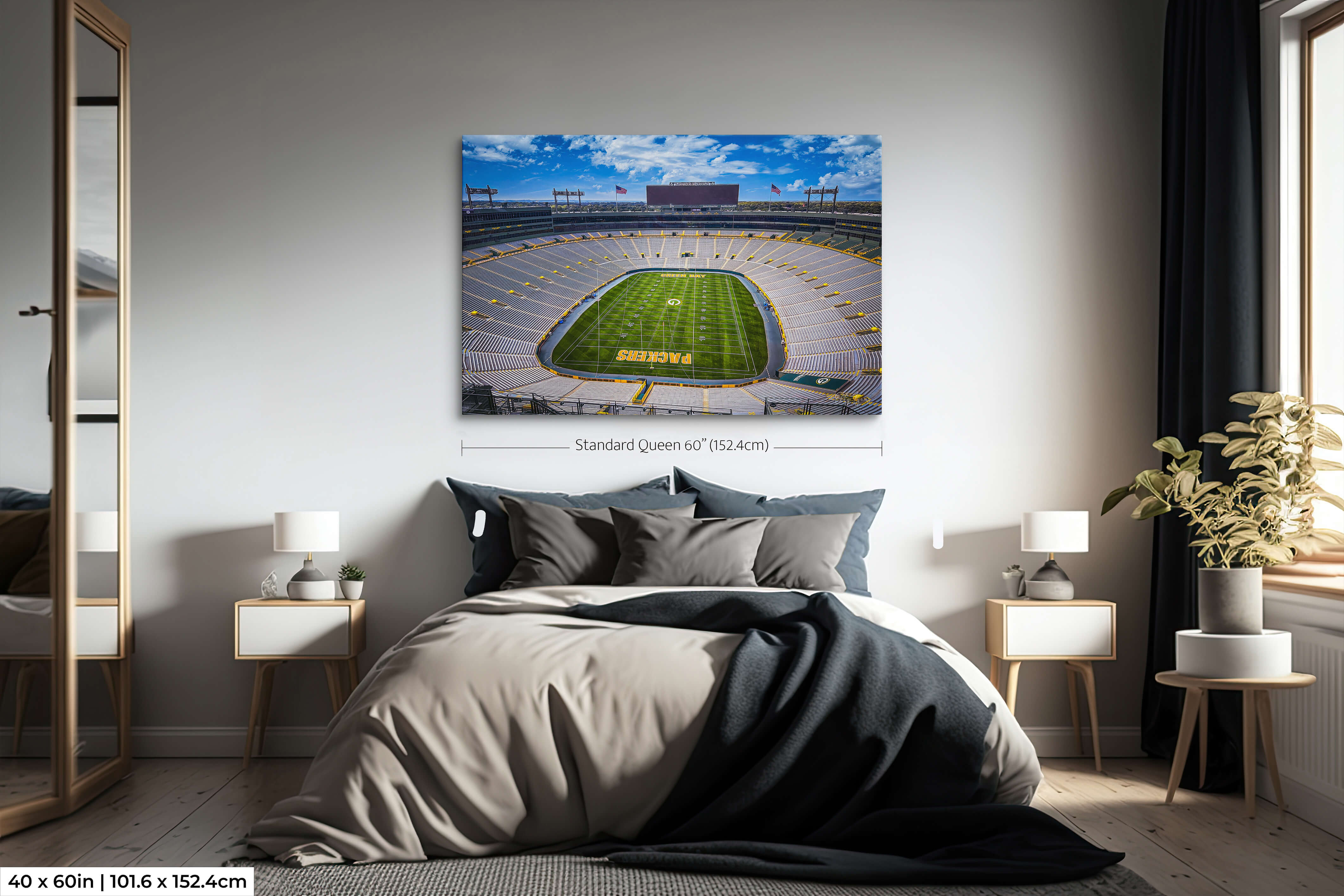 Single-panel 40x60 Lambeau Field print displayed above a queen bed to visualize art scale in everyday rooms.