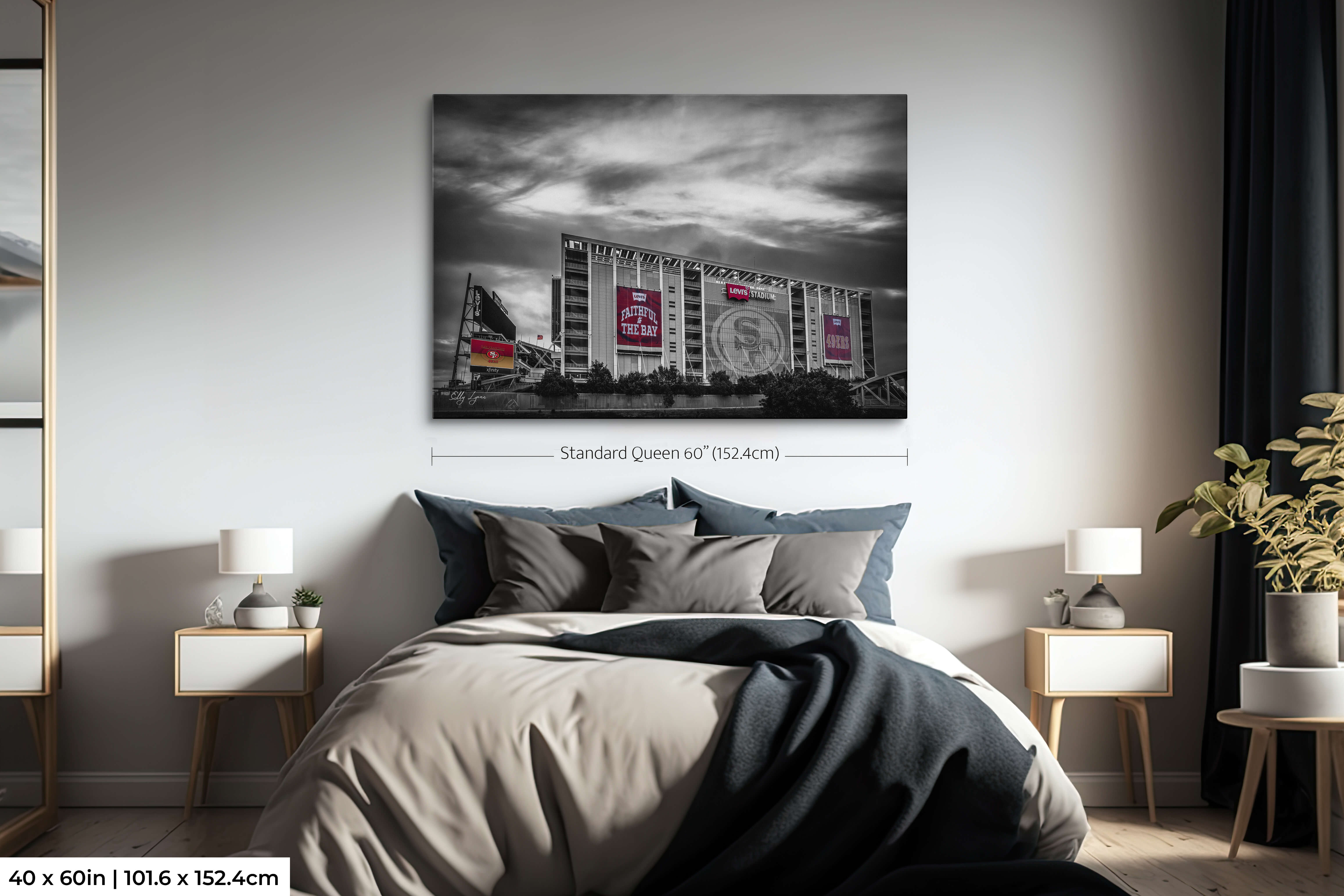 40x60 single panel color splash stadium artwork displayed above a queen-sized bed for accurate scale comparison in a classic room layout.