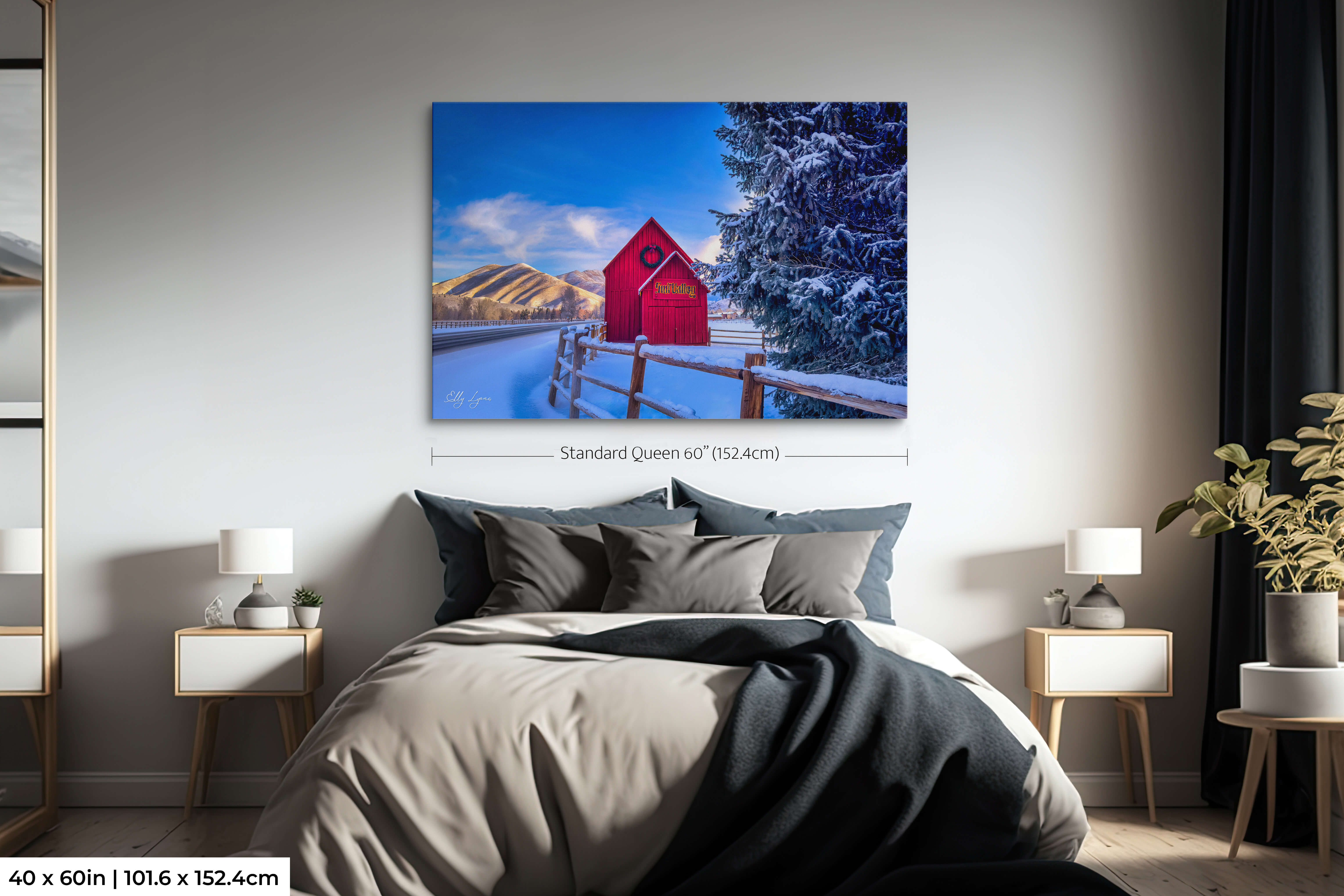 Oversized fine art photography of snowy Sun Valley barn and fence line – dramatic winter landscape wall decor in rustic, modern, or cabin interiors.