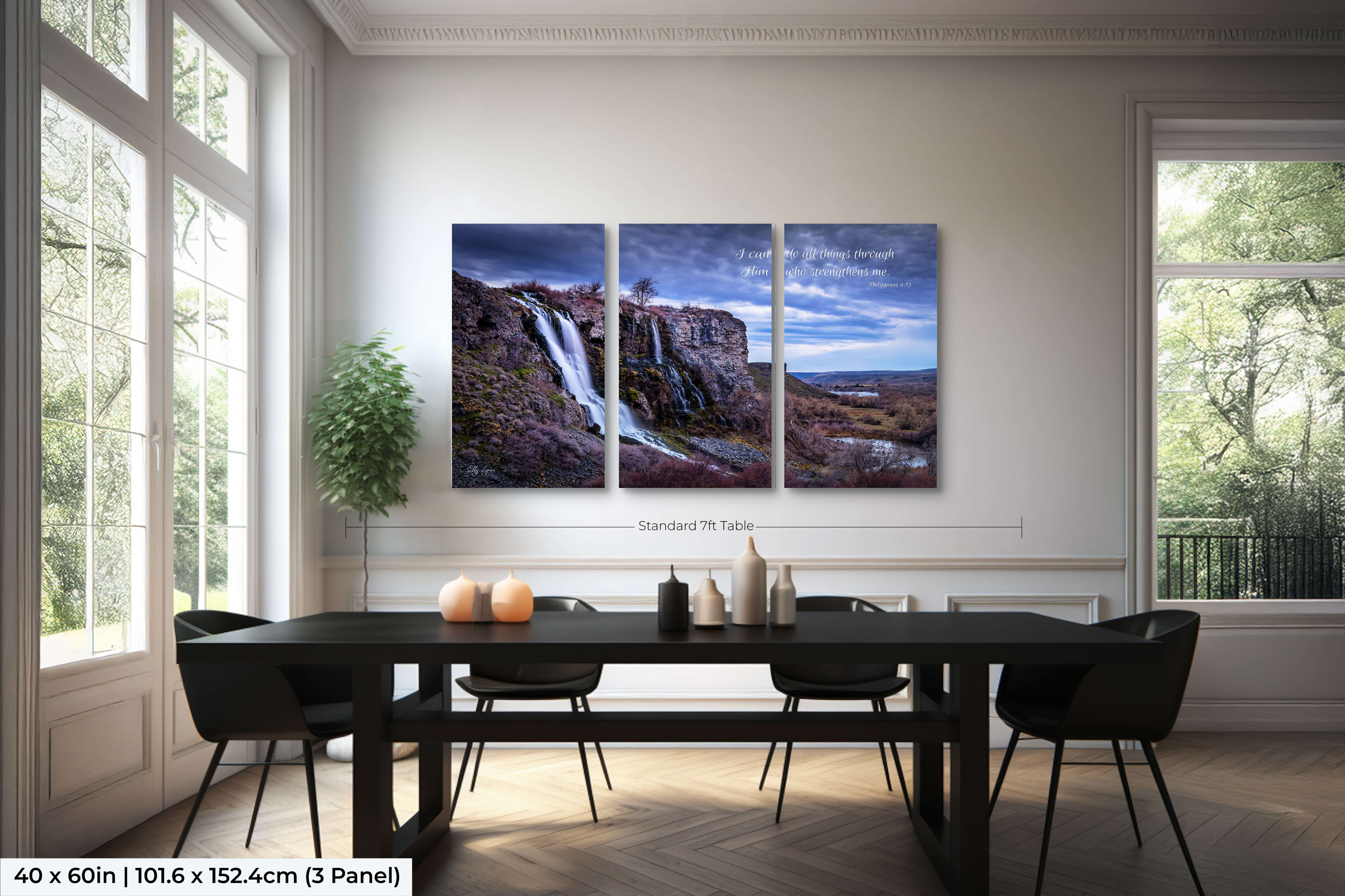 Medium-sized 3-panel split triptych of a powerful waterfall with scripture, styled in a modern dining room.