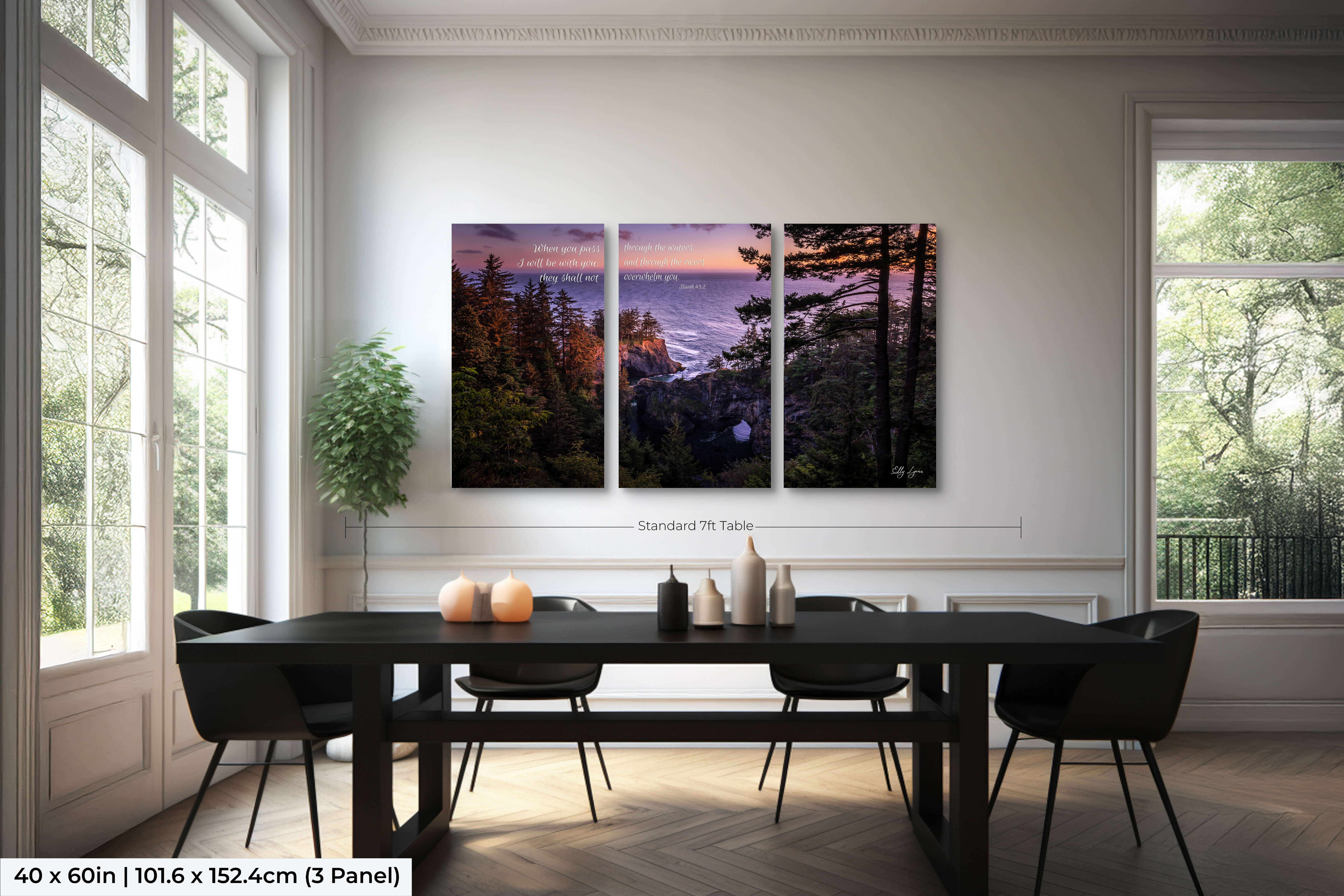 Medium triptych wall art with Pacific coast and Isaiah 43:2 — “I will be with you” in dining room setting.