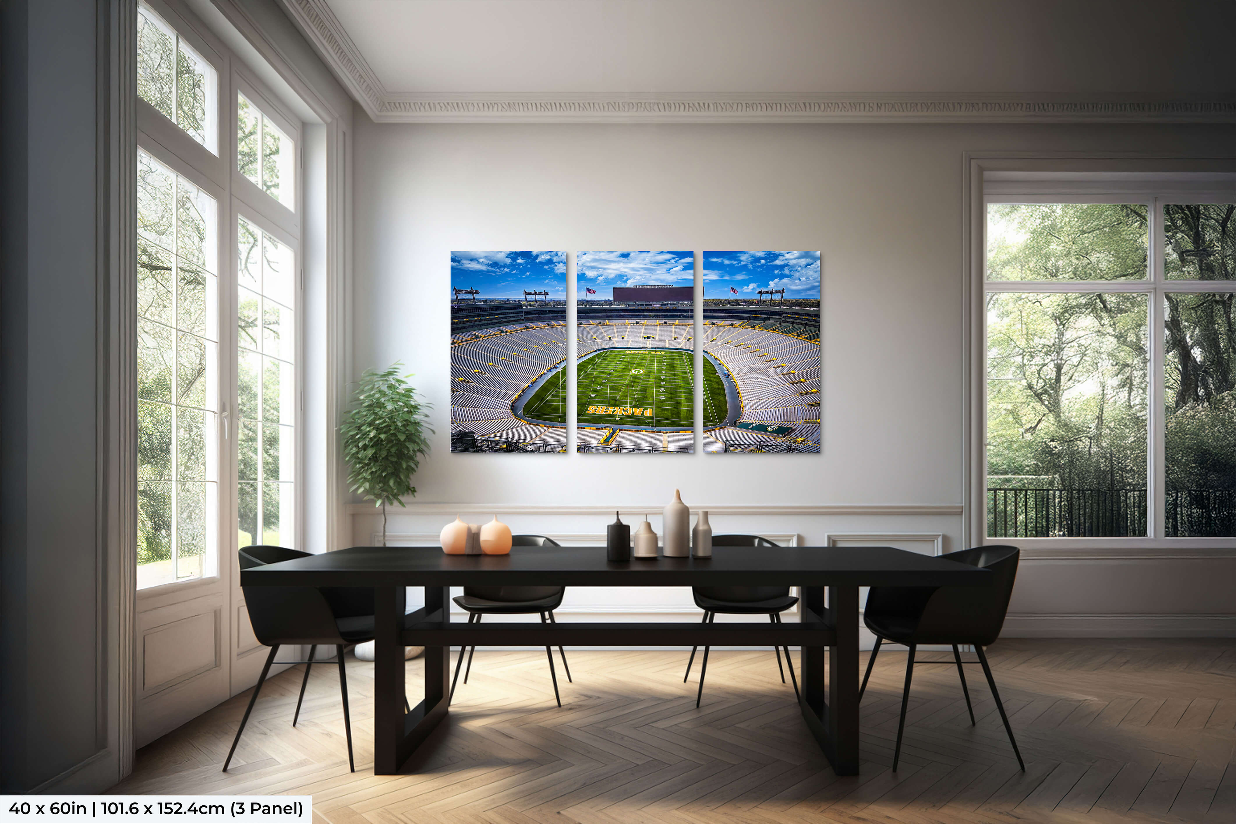 Three-panel 40x60 triptych of Lambeau Field in a dining room setting to highlight large-scale panoramic presentation.