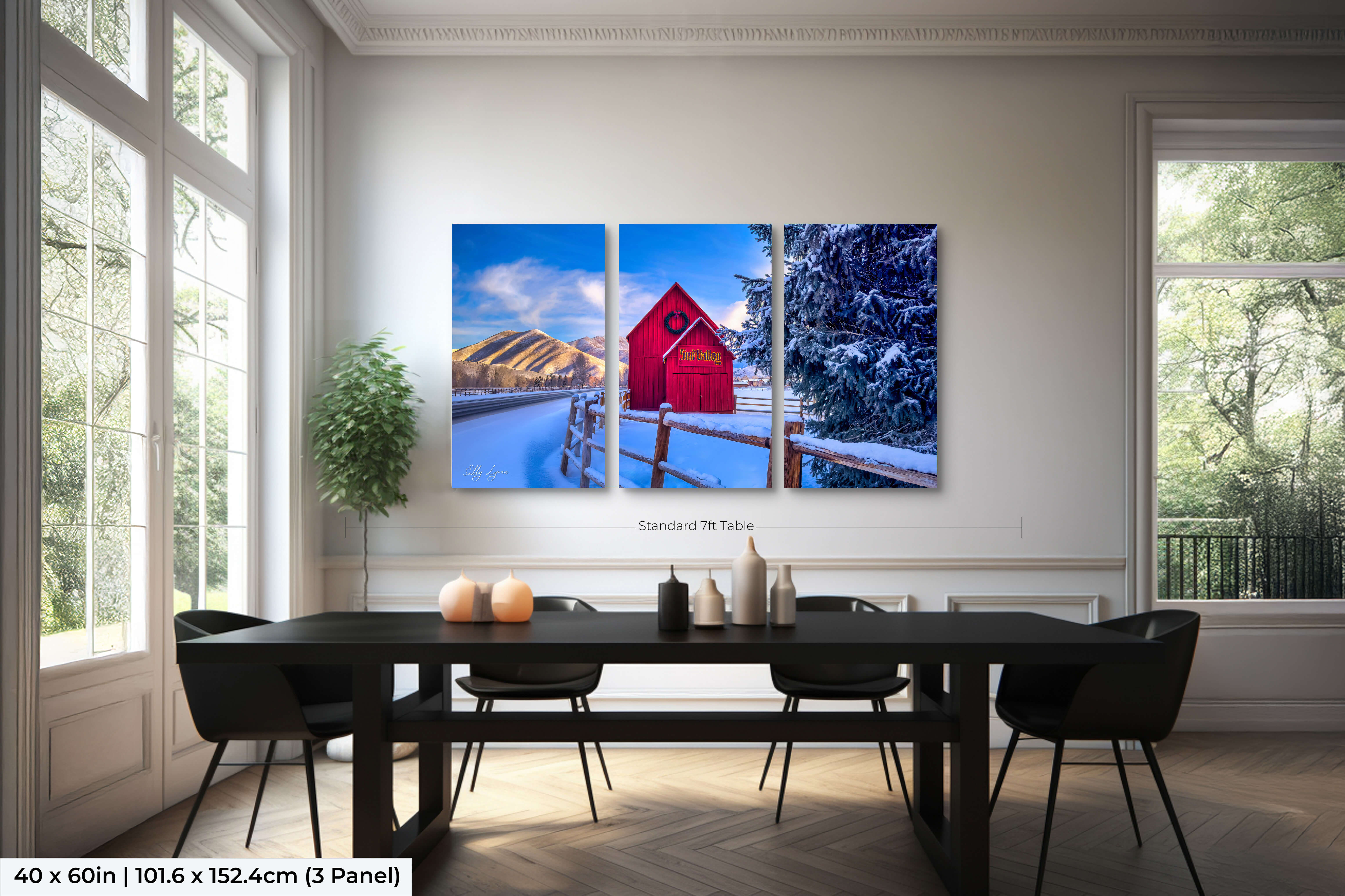 Medium sized three-panel split canvas wall art of Sun Valley red barn in snow – panoramic winter mountain view for dining room or open space decor.