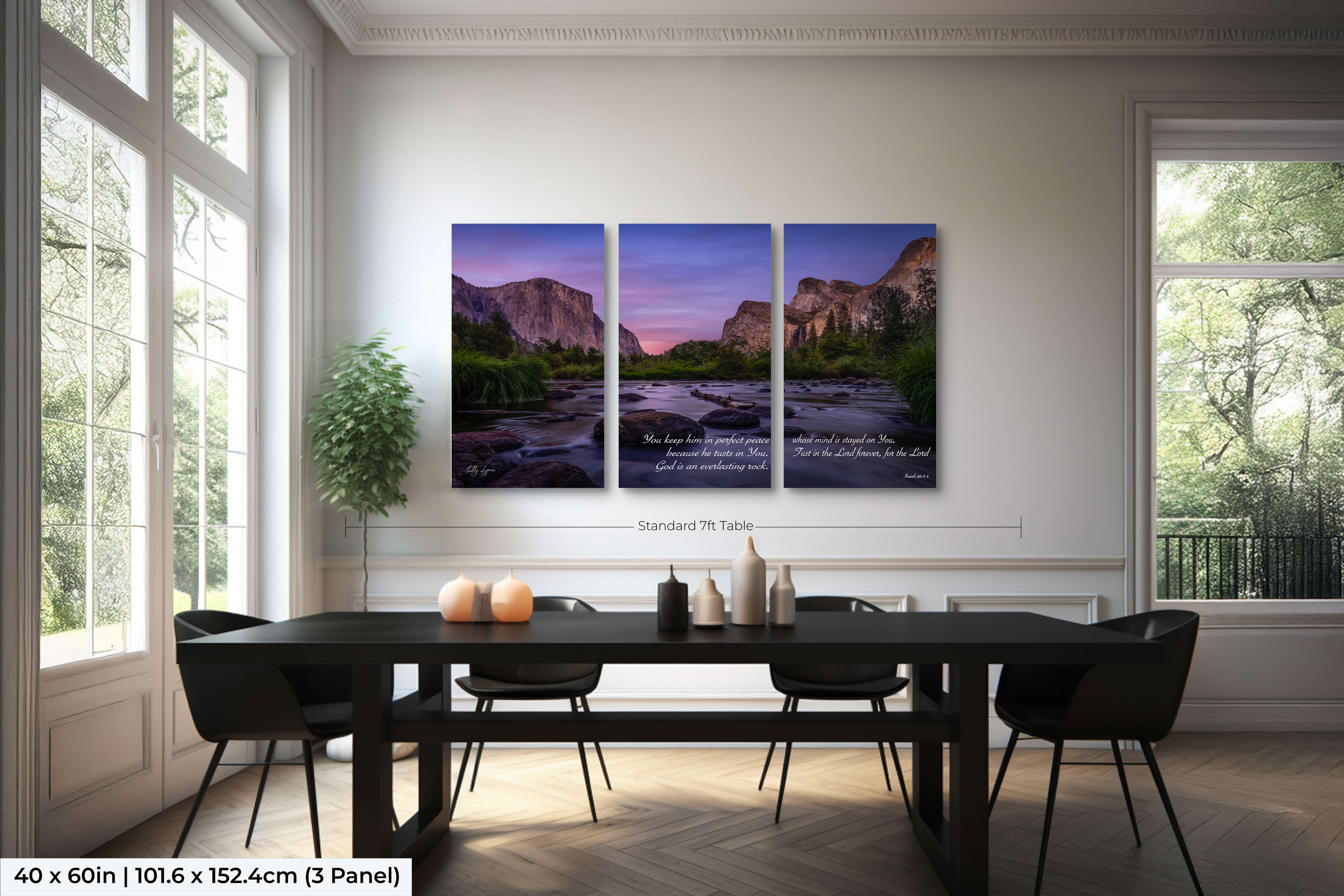 Medium 3-panel Christian landscape triptych featuring Isaiah 26:3-4 in a warm-toned dining room.