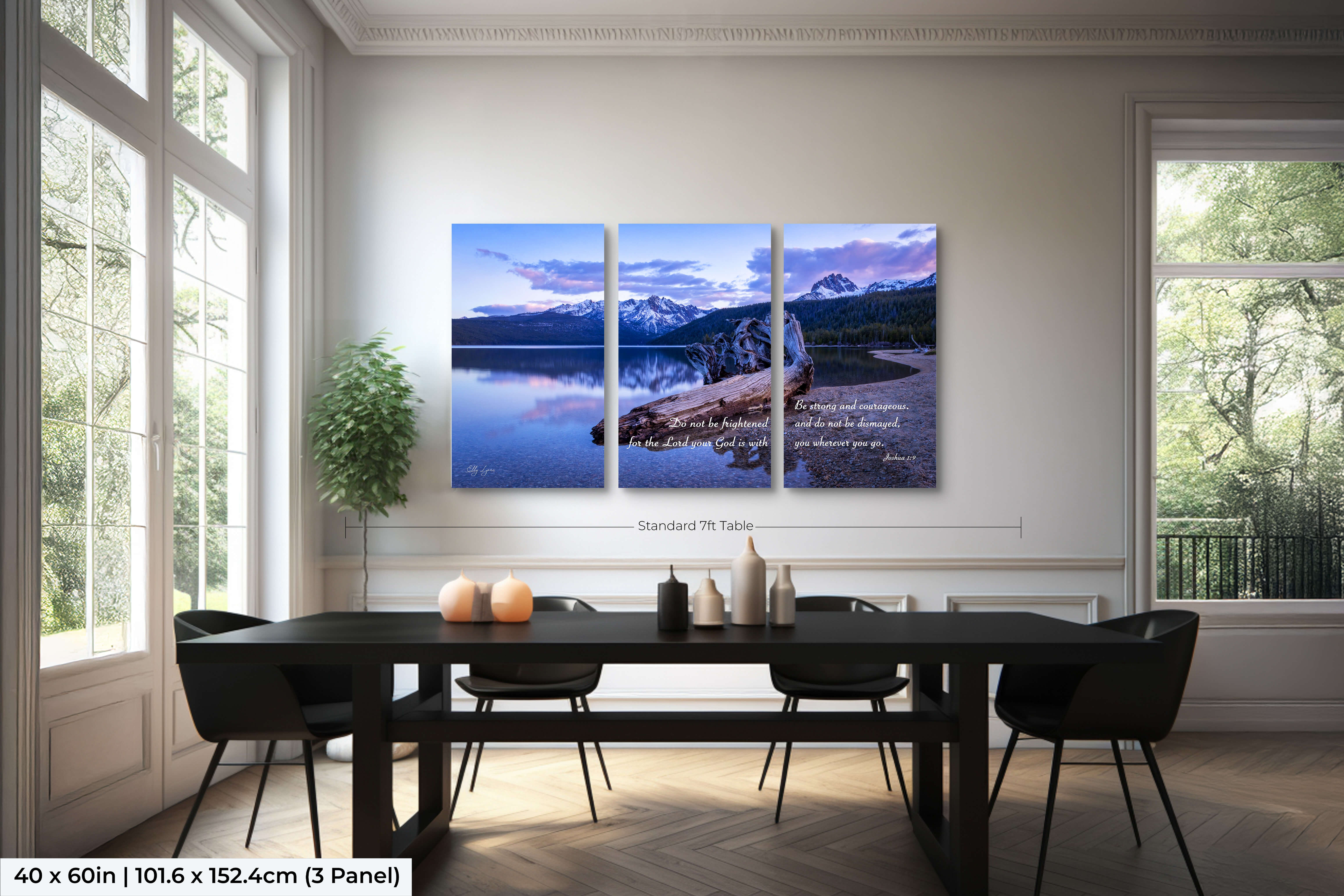 Medium size 3-panel Christian landscape split with Joshua 1:9, displayed in a bright dining room.