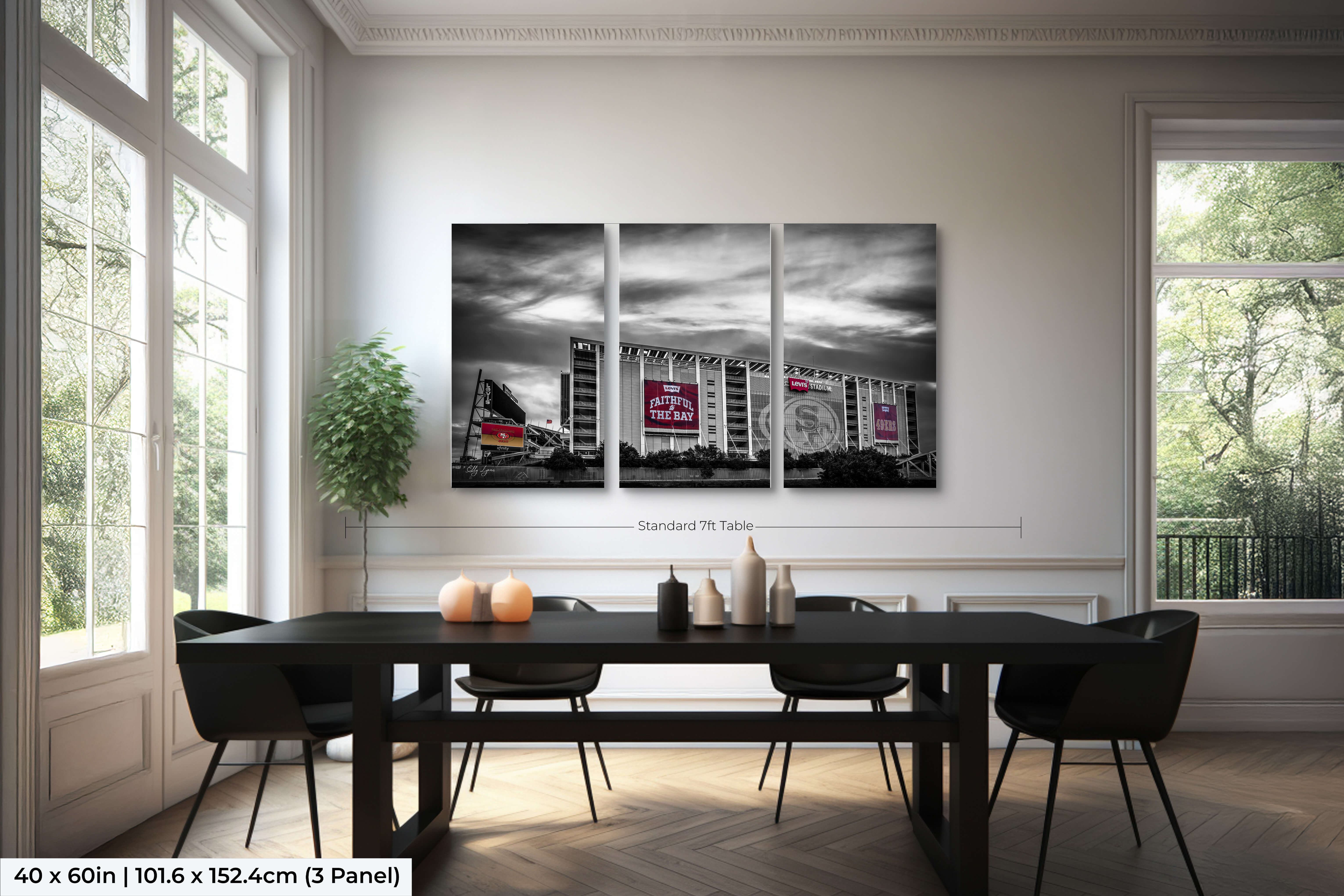 Three-panel 40x60 color splash Levi’s Stadium triptych hung above a 7ft dining room table, offering a dramatic display option for large wall spaces.
