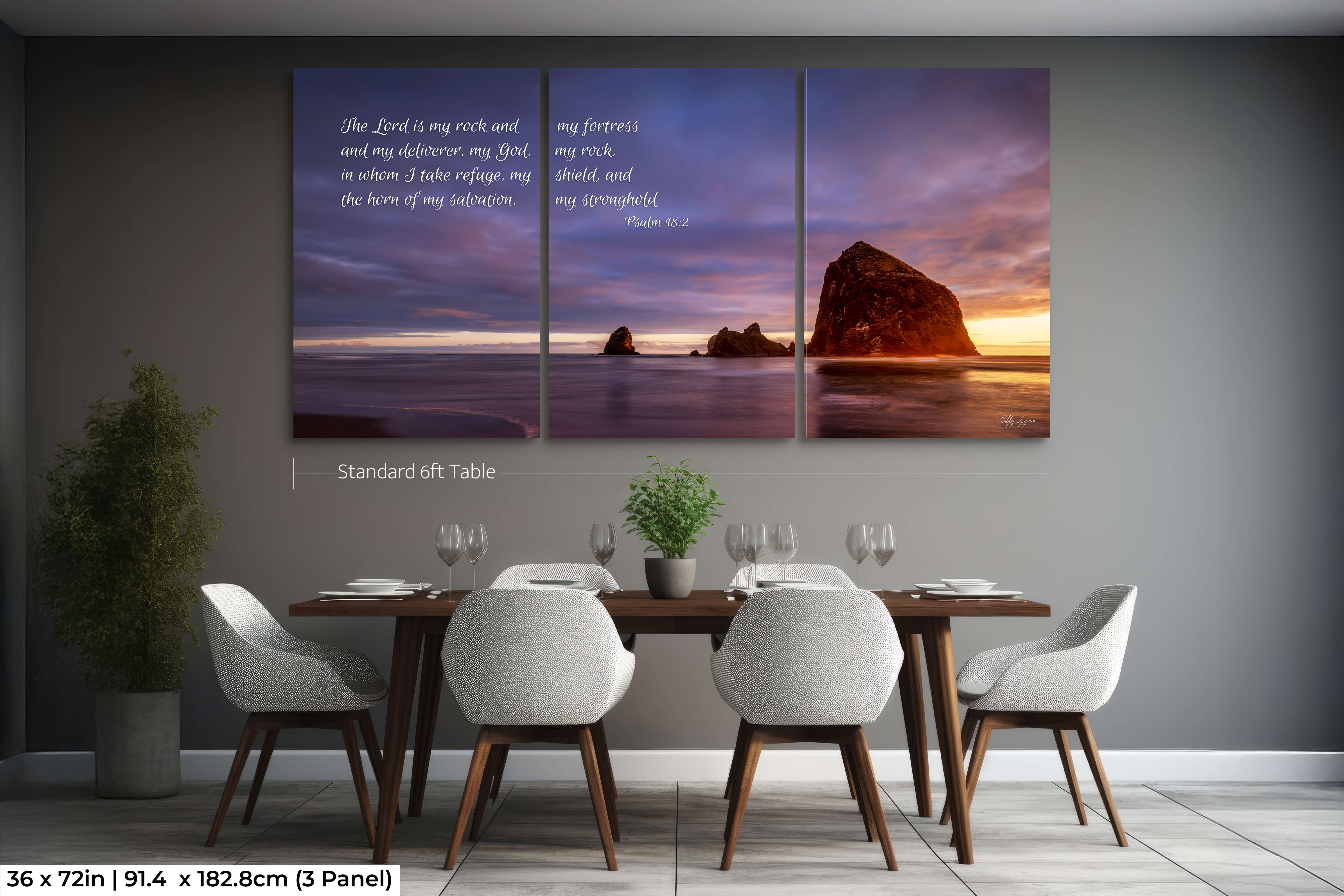 Large 3-panel coastal print with Psalm 18:2 scripture for a dramatic dining room statement wall.