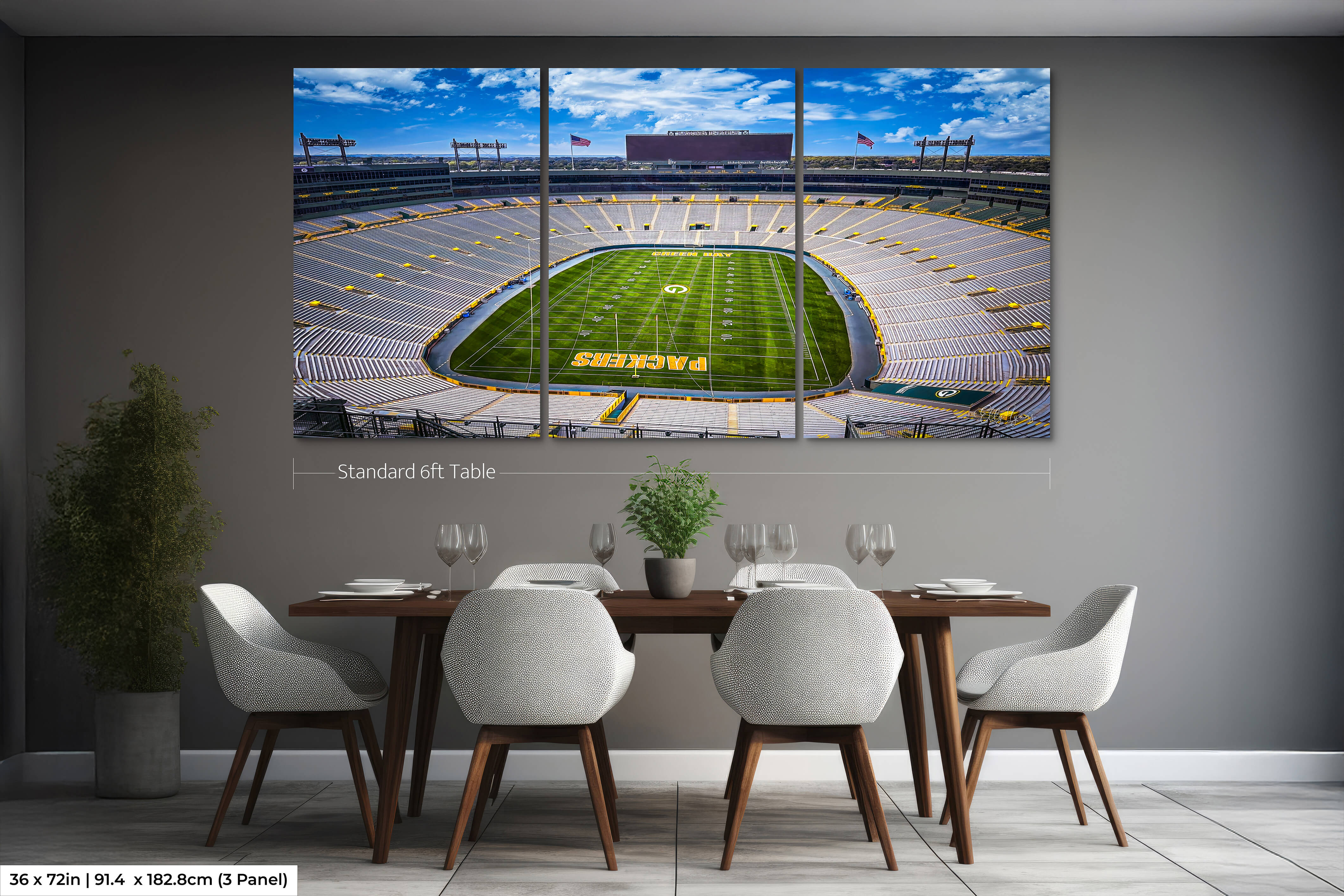 Three-piece 36x72 version of the Packers stadium artwork above a standard 6ft table for bold wall coverage.
