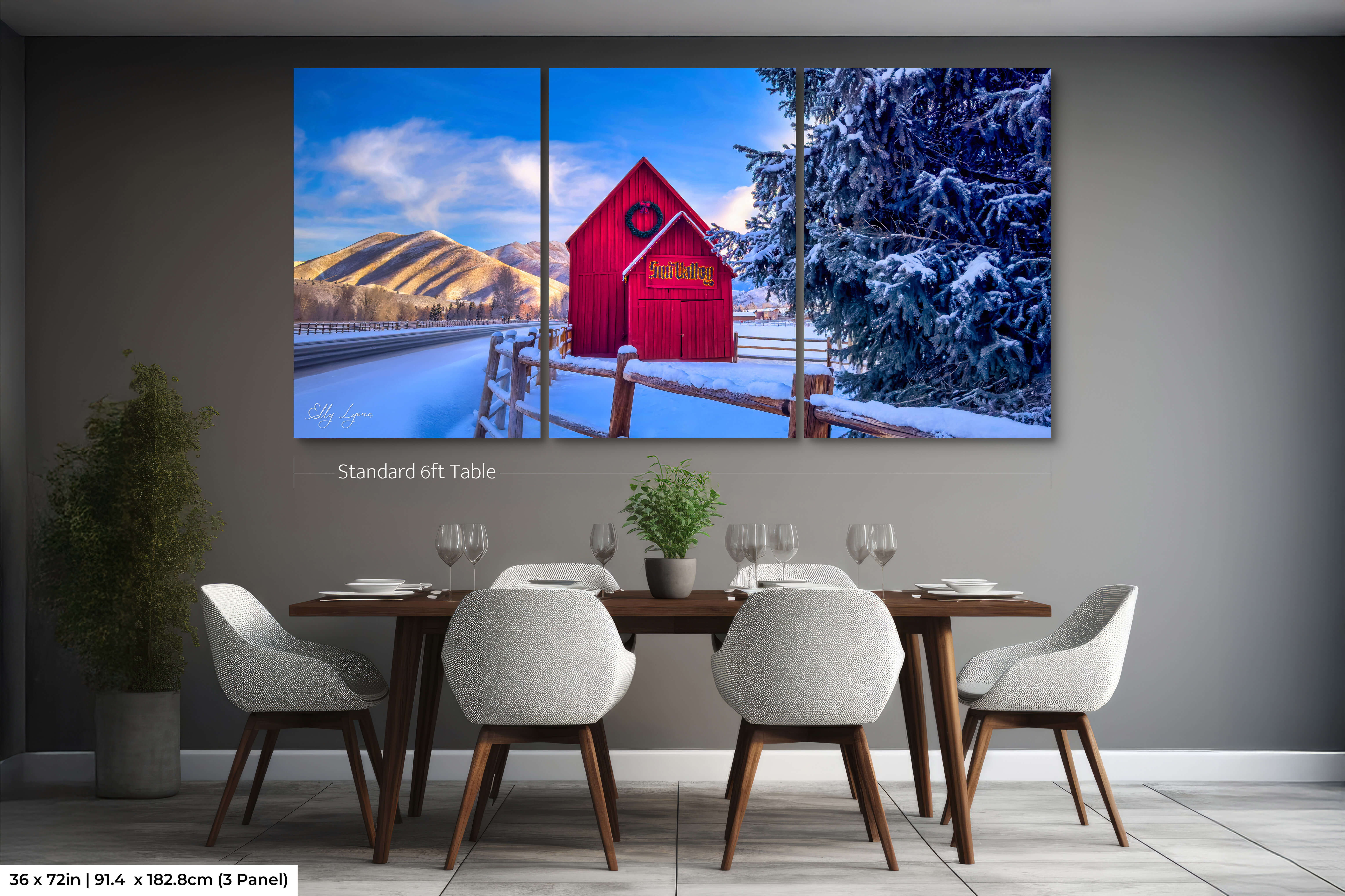 Large size three-panel split canvas wall art of Sun Valley red barn in snow – winter mountain view for dining room or open living space decor.