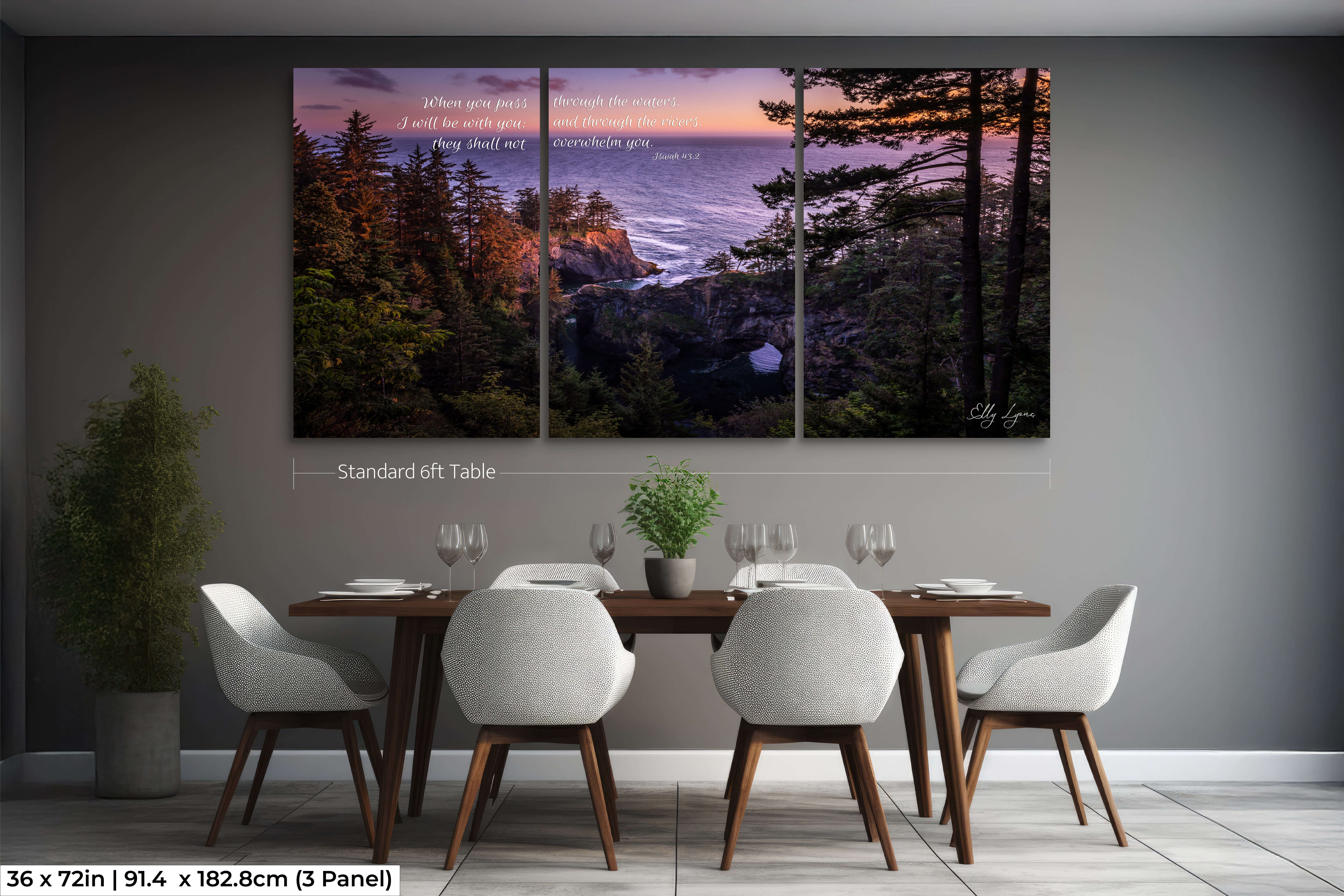 Large 3-panel Christian art of ocean cliffs and Isaiah 43:2 for impactful living room statement piece.