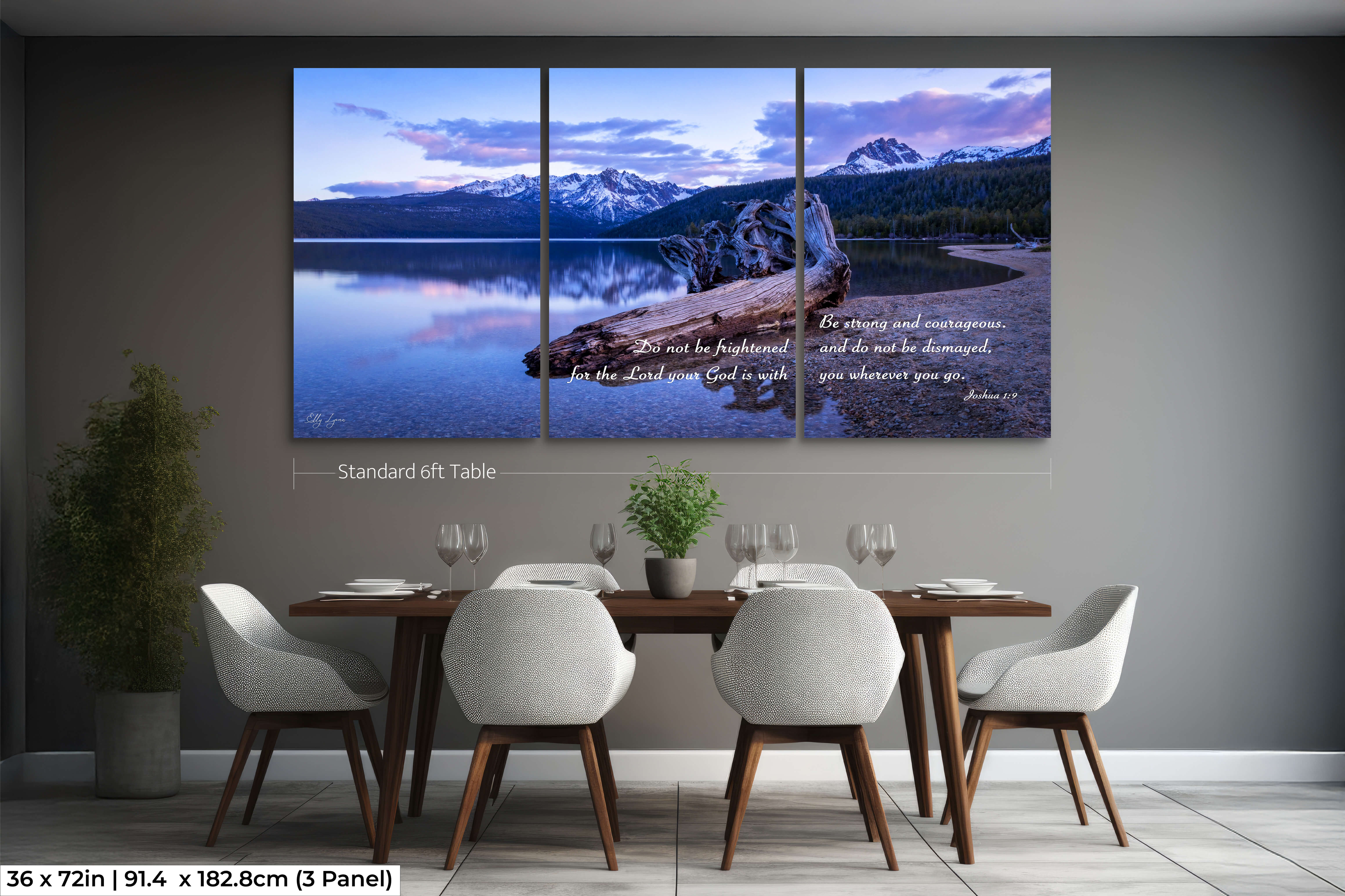 Large 3-panel Christian print of mountain lake and Joshua 1:9 displayed above a neutral-toned couch.