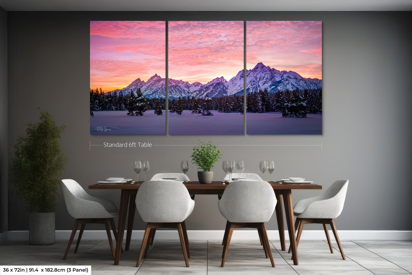 Grand Teton Mountain Sunset Photo | Winter Tree Mountain Landscape Print | Pink Winter Mountain Sunset Canvas | Snowy Wyoming Mountain Print