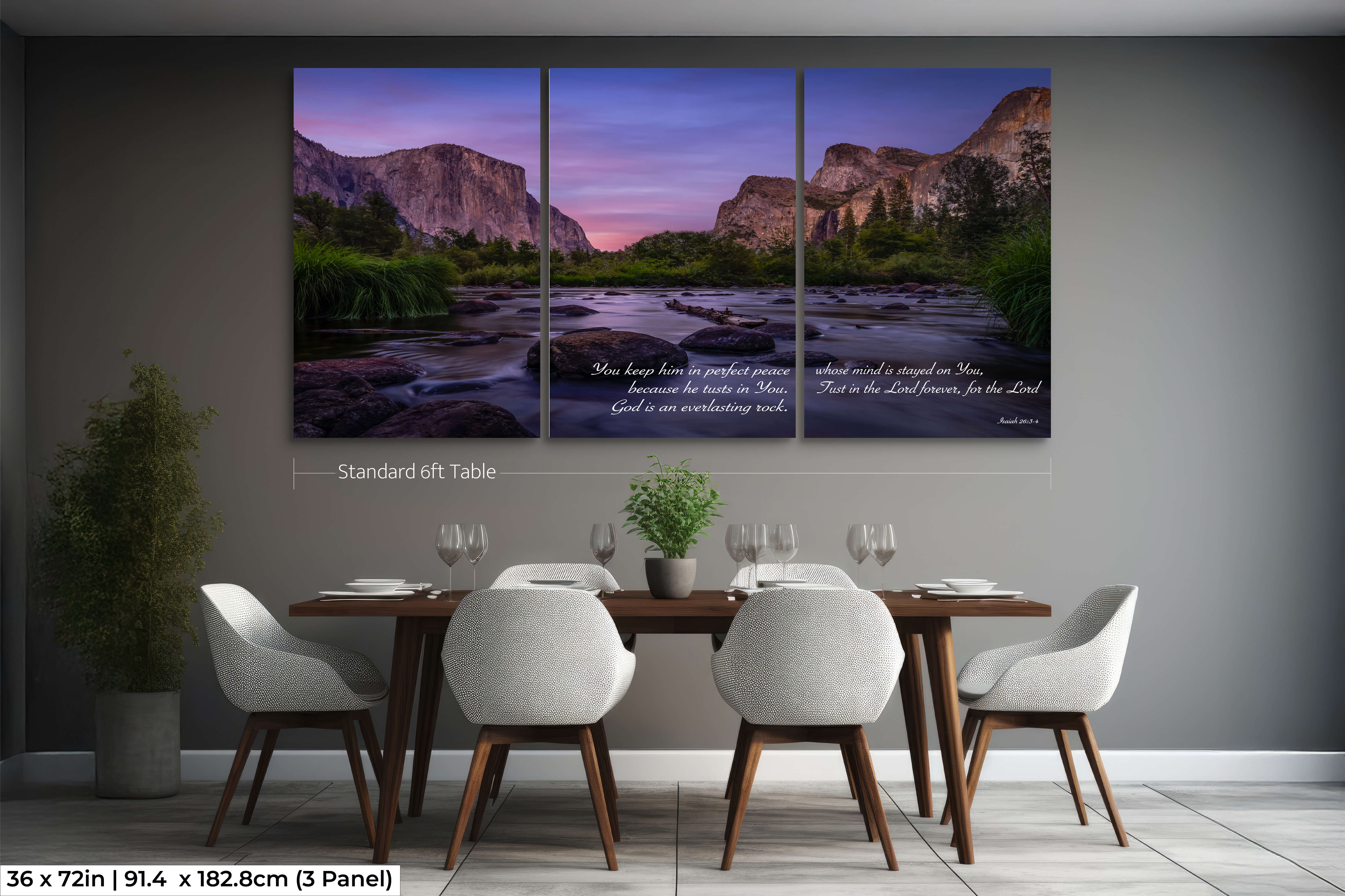 Large 3-panel scripture wall art with Yosemite landscape and Isaiah 26:3-4 displayed over a couch.