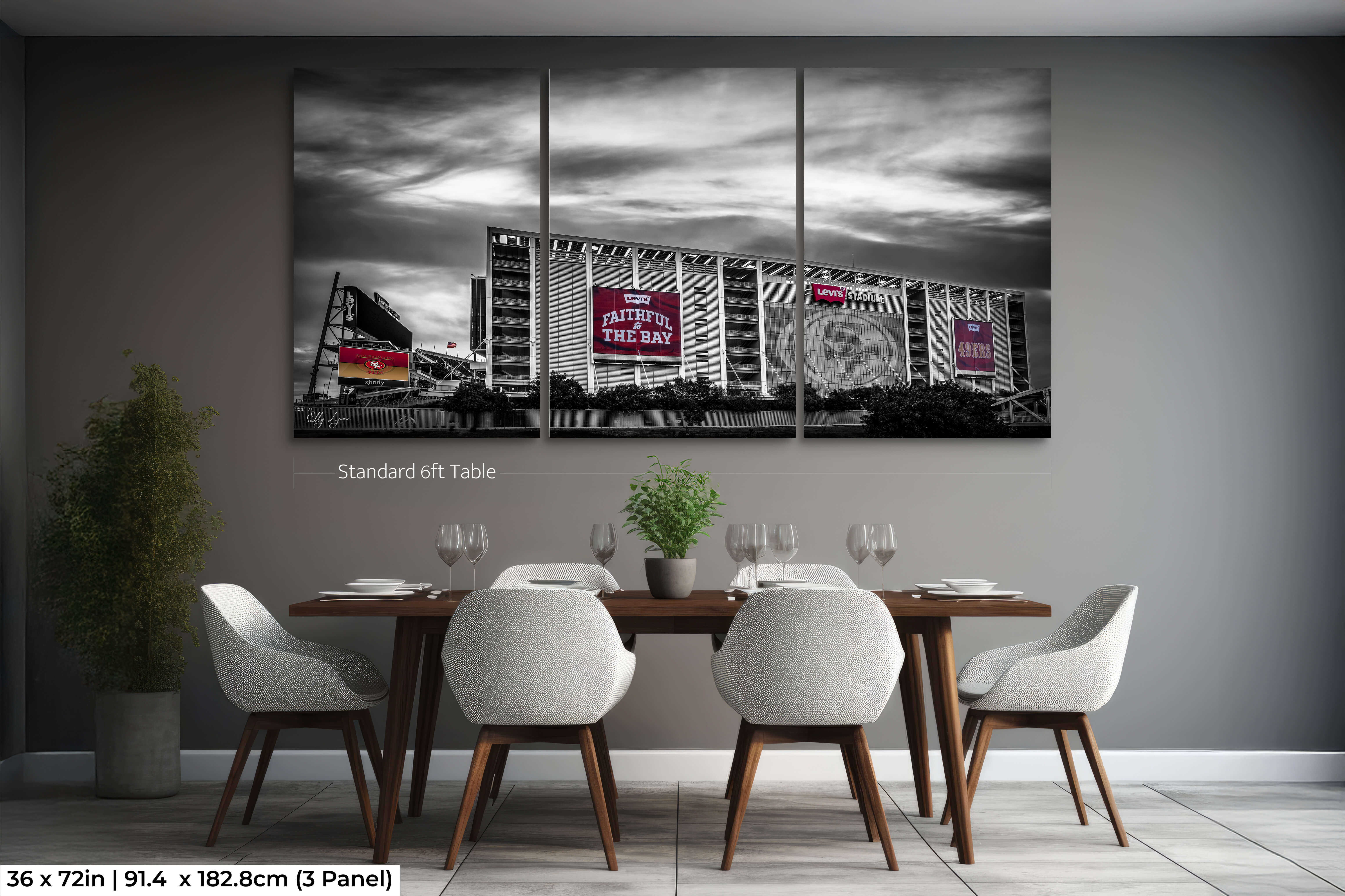 36x72 three-panel color splash stadium print in black and red displayed above a 6ft dining table for oversized wall decor comparison.