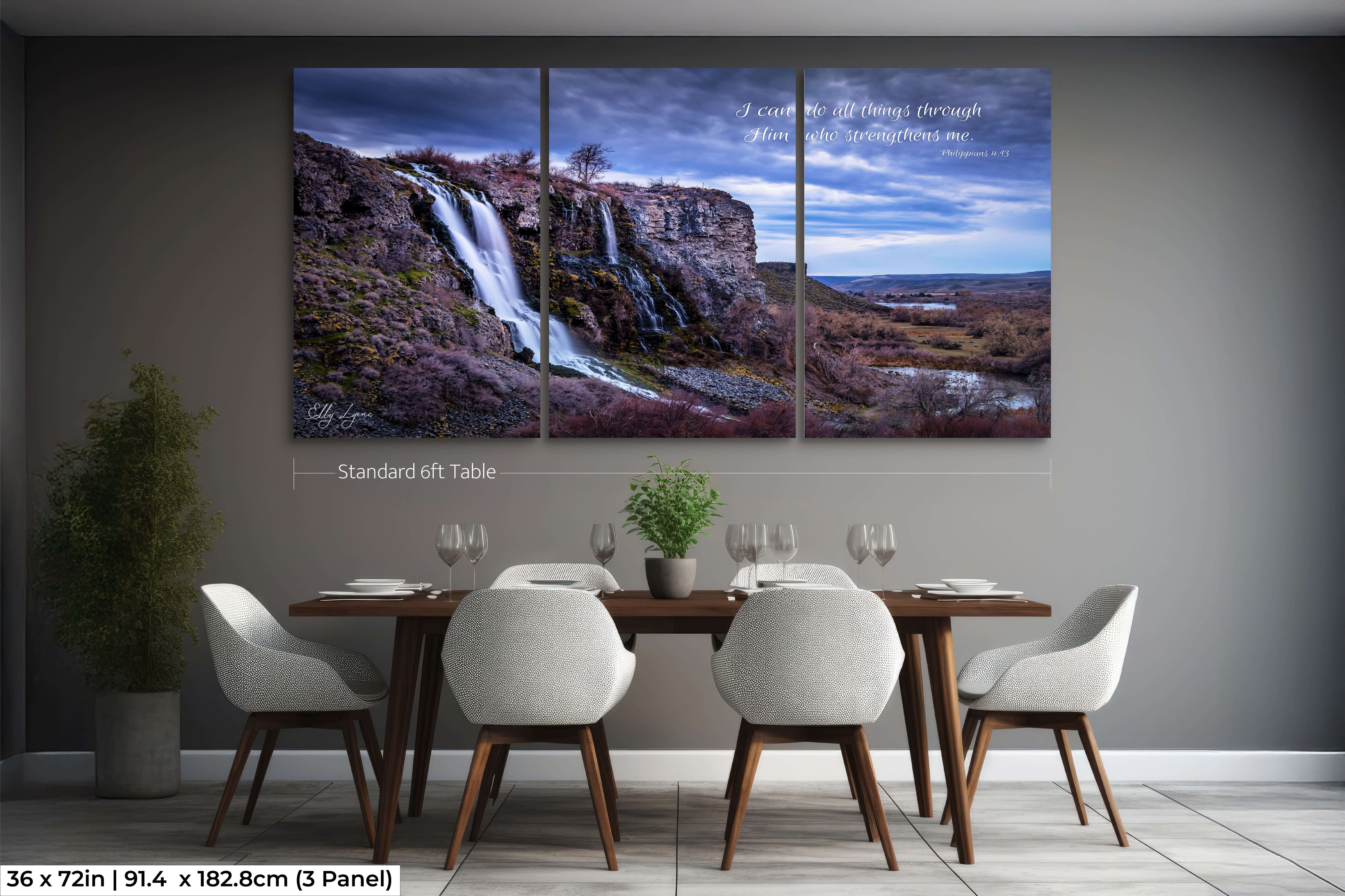 Large 3-panel split canvas of a dramatic waterfall and Philippians 4:13, displayed in a spacious living room.