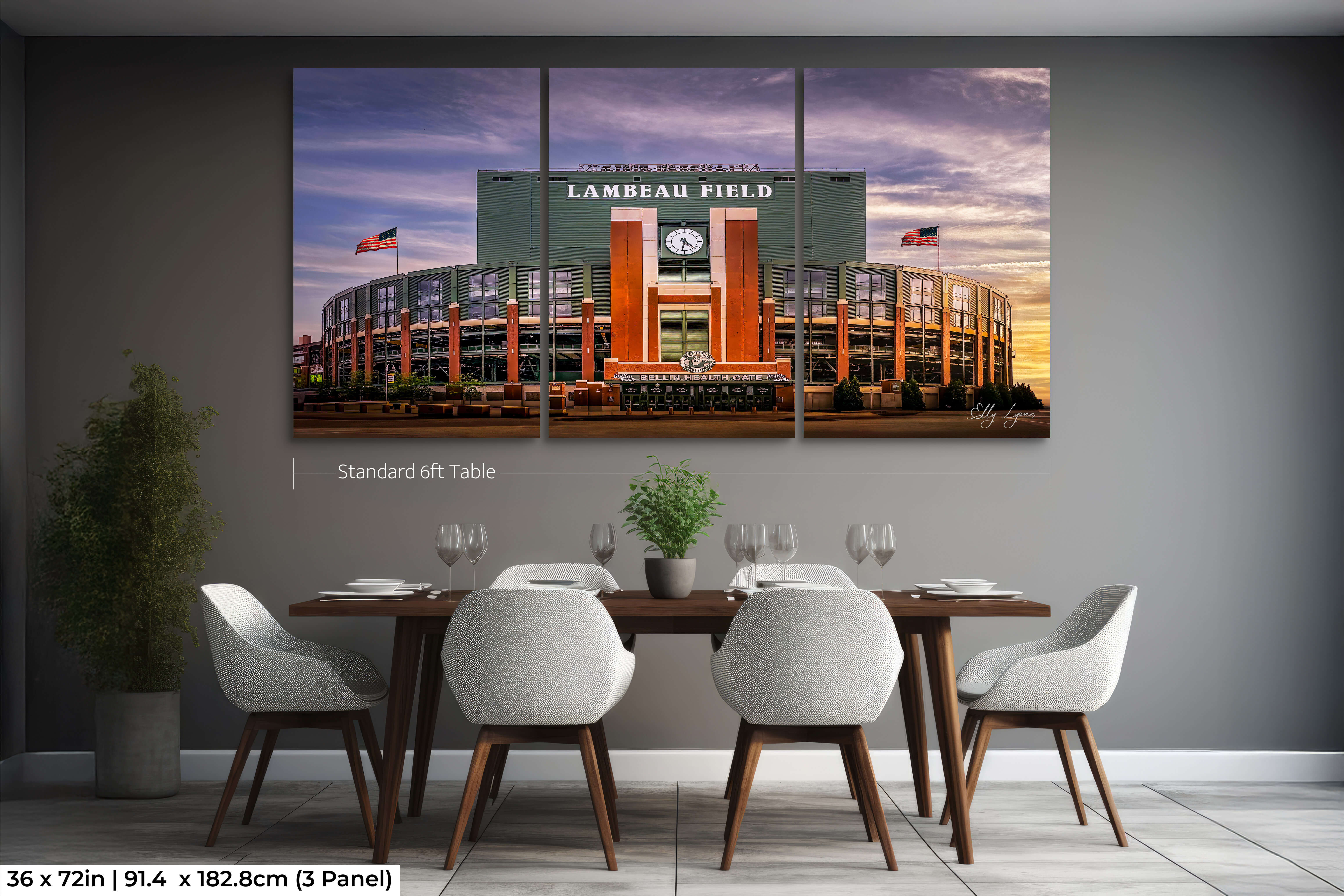 Large 3-panel wall art of the Packers stadium shown in an elegant dining setting.