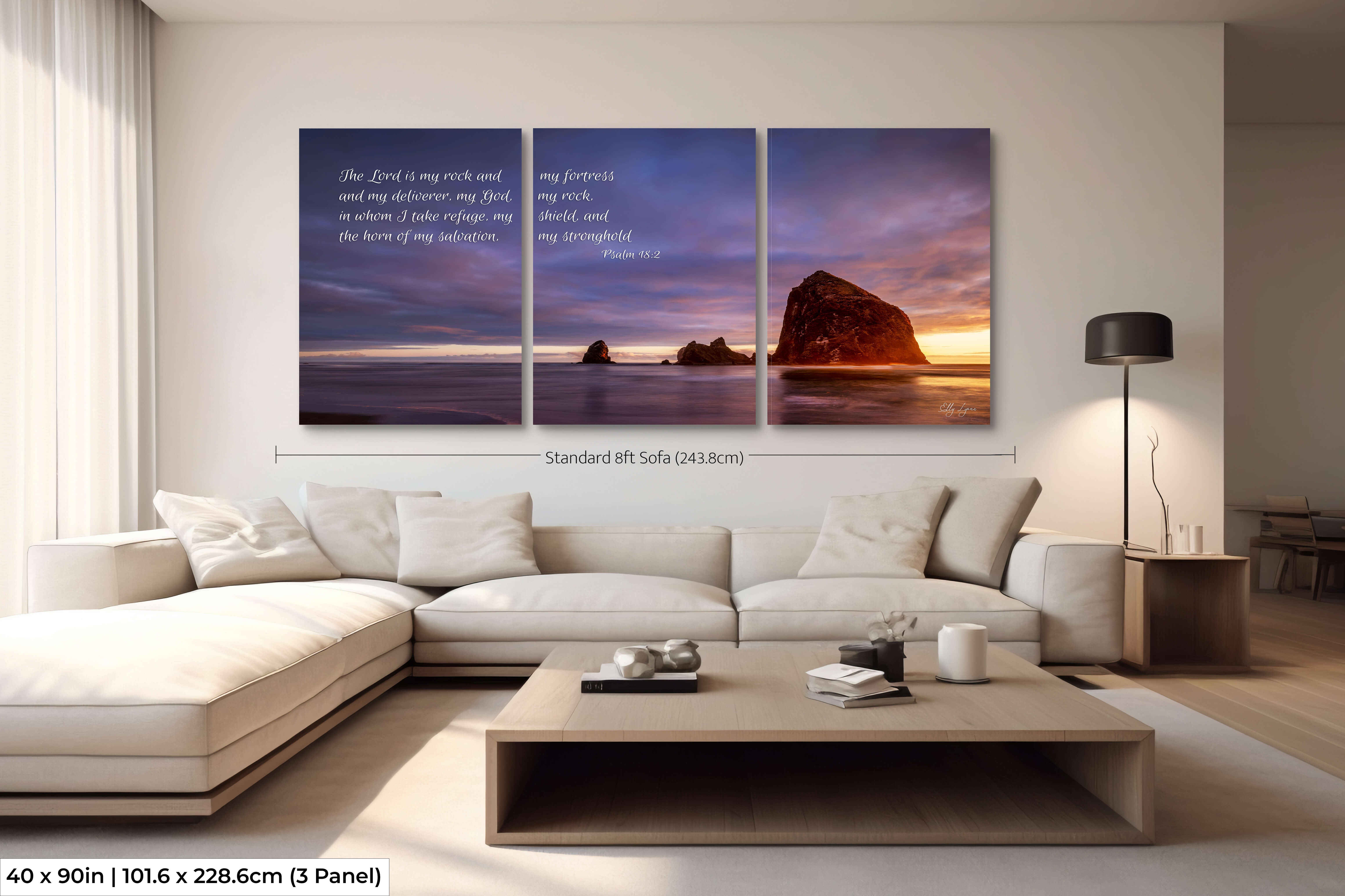 Extra large Christian triptych featuring sunset coastal photography and Psalm 18:2 for inspiring decor.