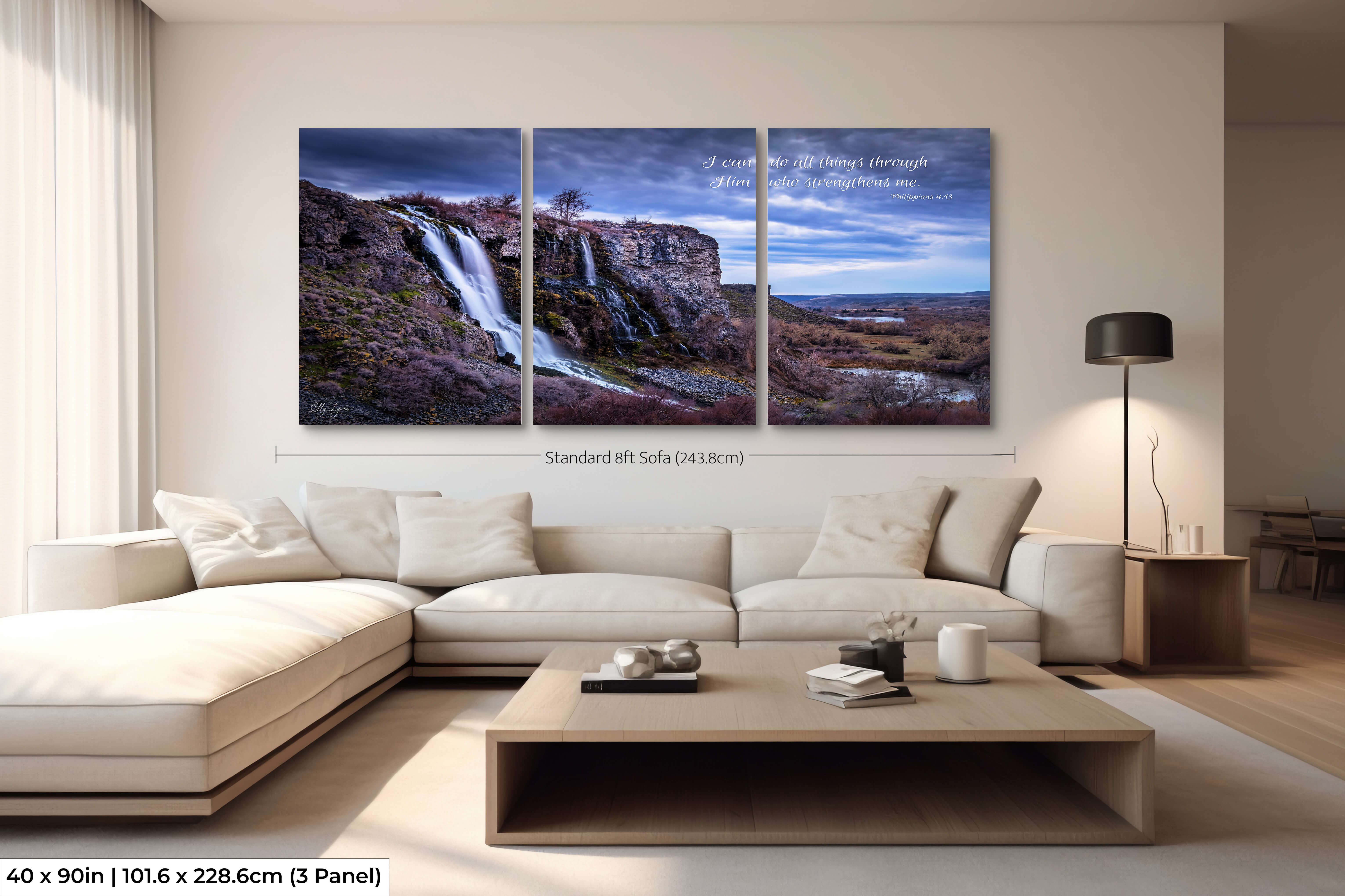 Extra large 3-piece Christian waterfall print featuring Philippians 4:13 in a bold triptych layout, styled in a contemporary dining room.