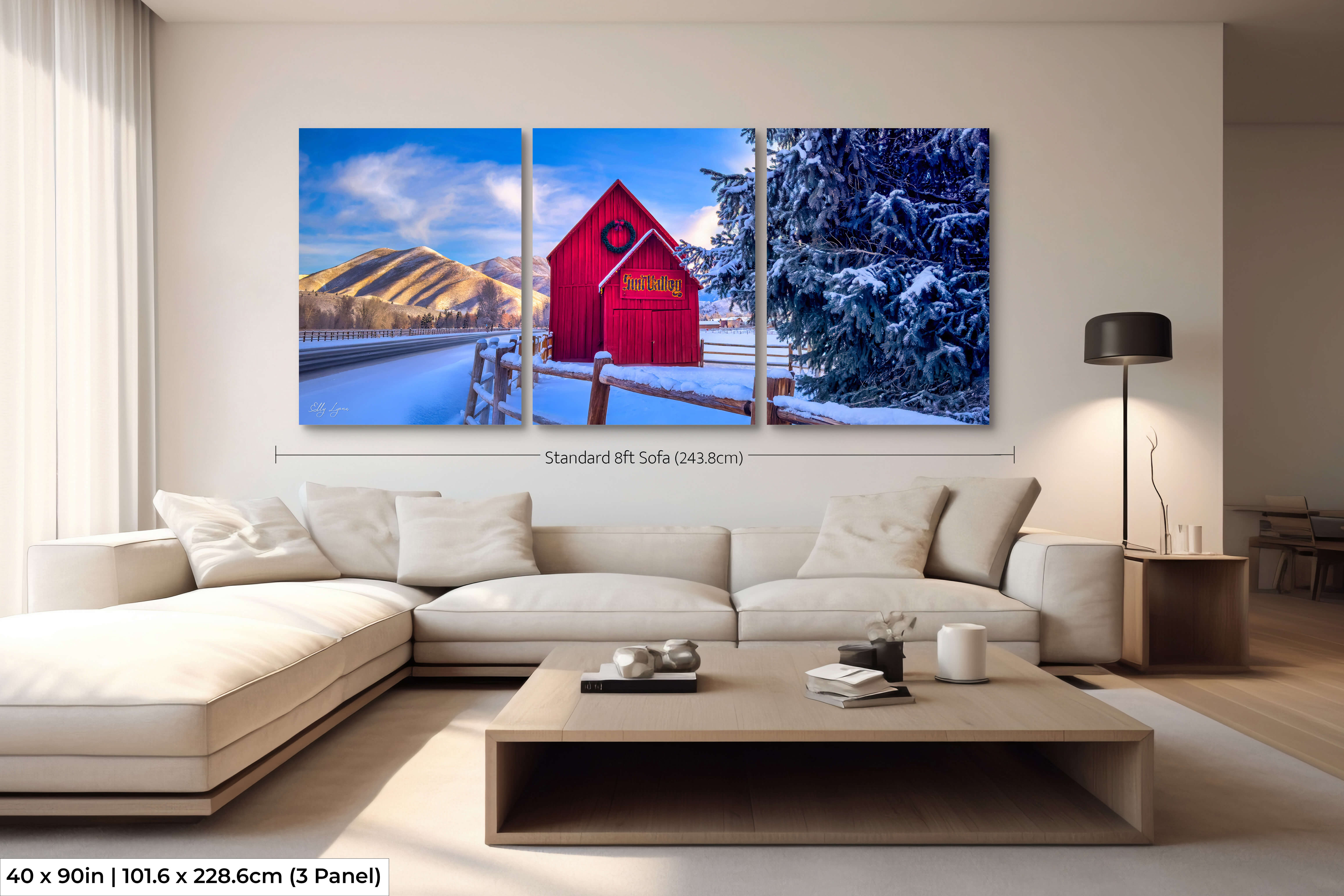 Dramatic extra large 3-panel split of the Sun Valley red barn in a spacious living room.