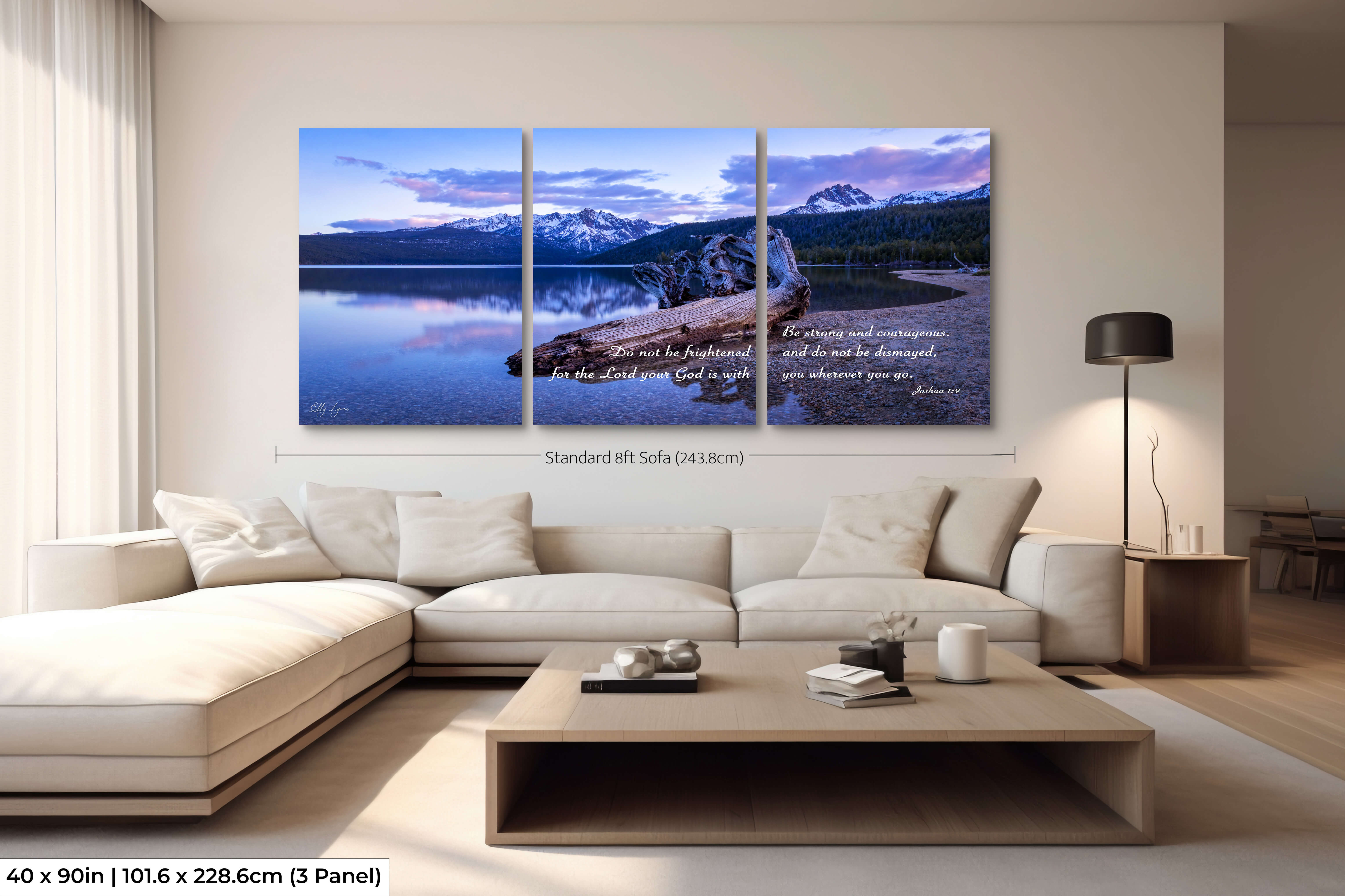 Extra large 3-piece fine art Christian print with Joshua 1:9 scripture and reflective mountain lake scene.
