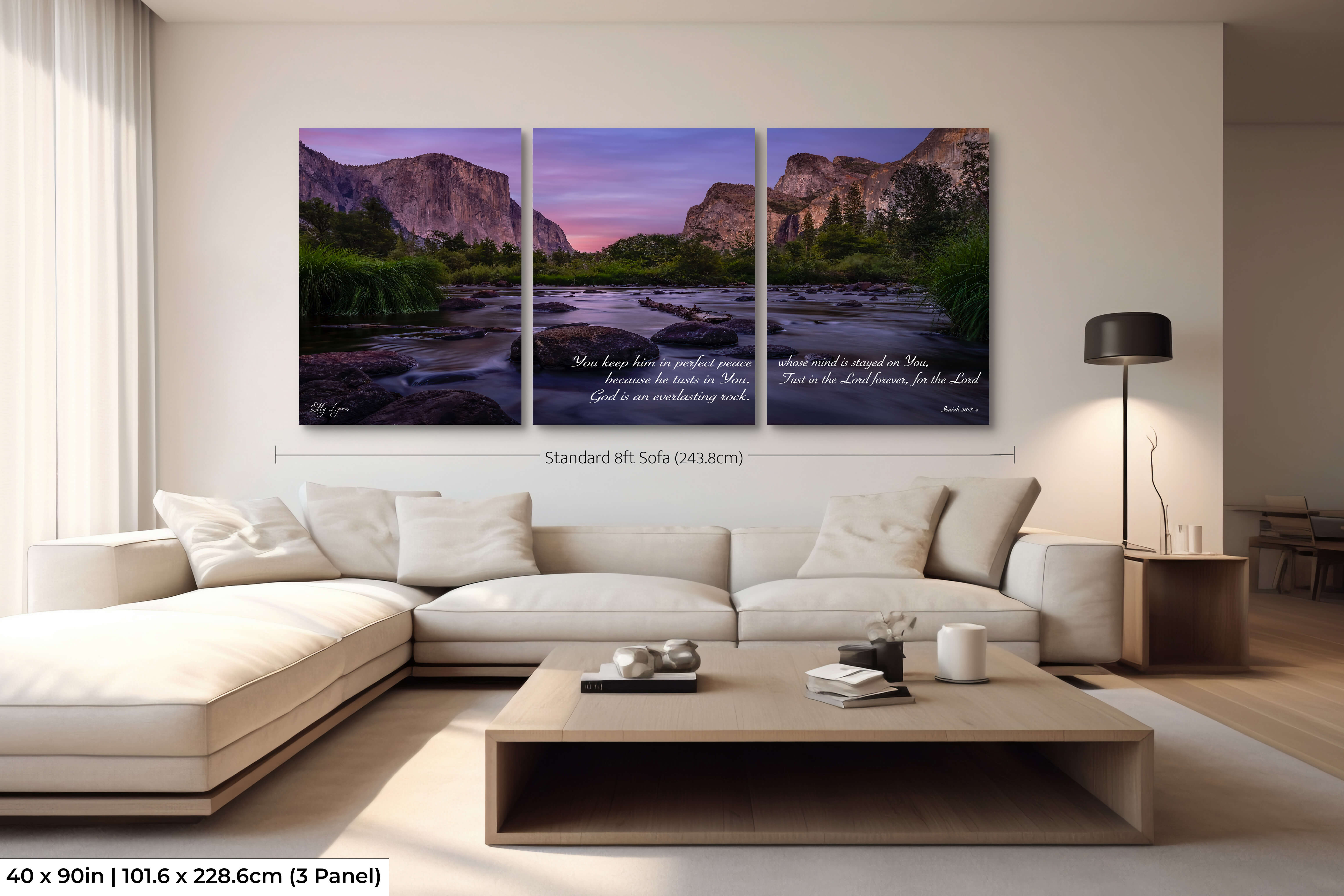 Extra large 3-piece wall art of Yosemite with Isaiah 26:3-4 “You keep him in perfect peace” in an elegant living space.