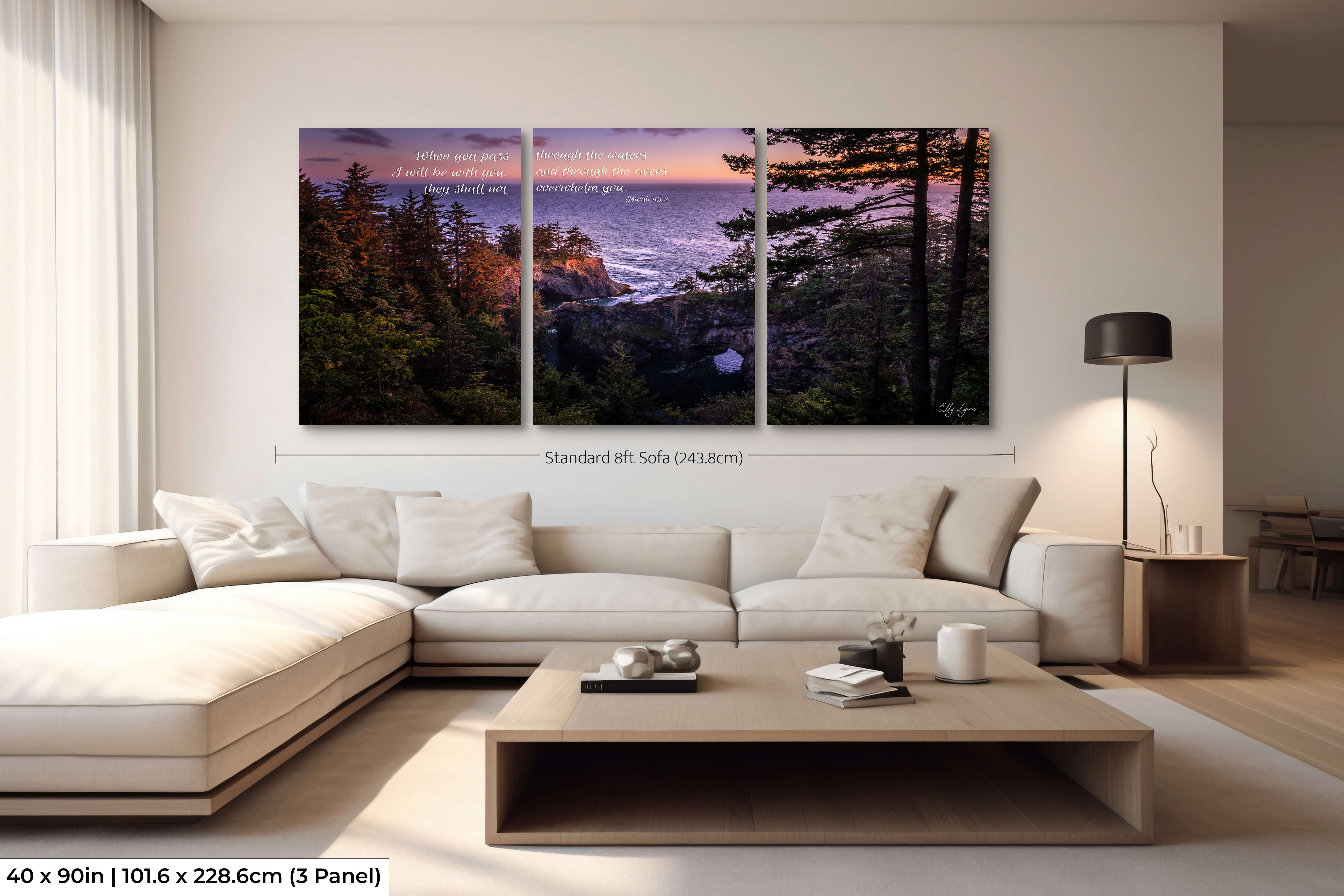 Extra large triptych coastal scripture print with Isaiah 43:2 for a bold and inspiring dining room presence.