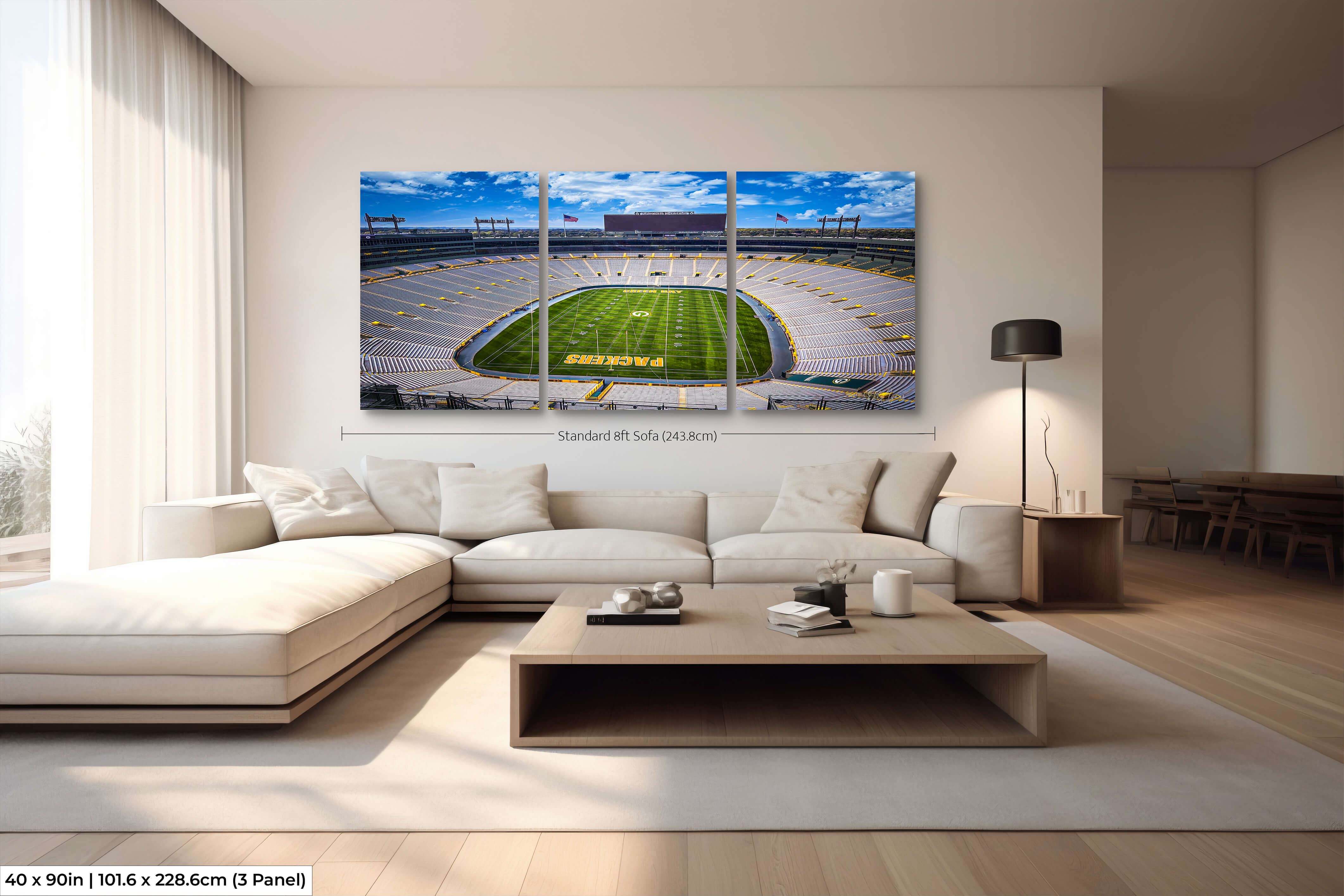 Panoramic 40x90 three-panel Lambeau Field art displayed above an 8ft sofa to showcase impactful sports wall decor.