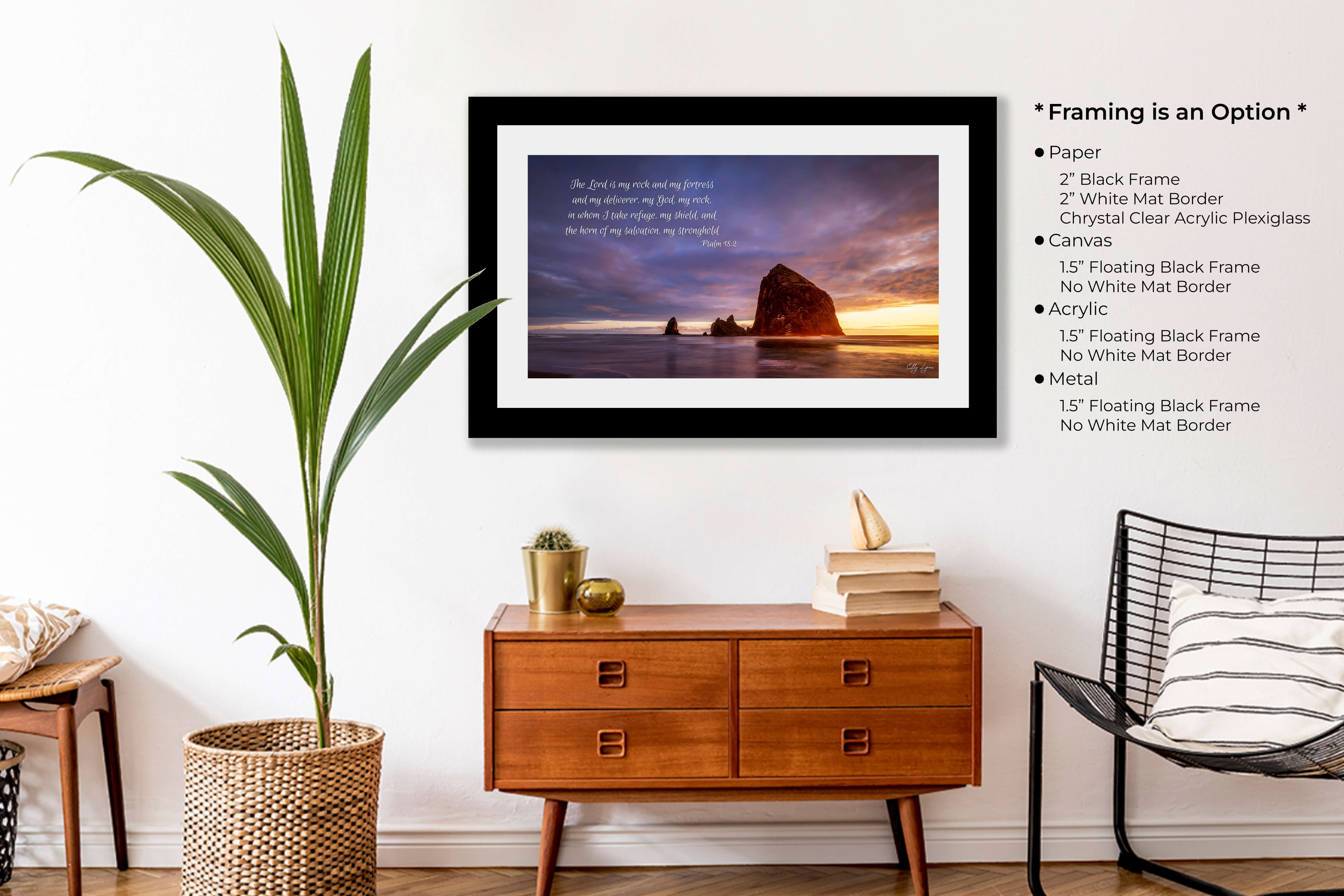 Framed Christian beach art with Psalm 18:2 displayed in a serene, faith-filled interior setting.