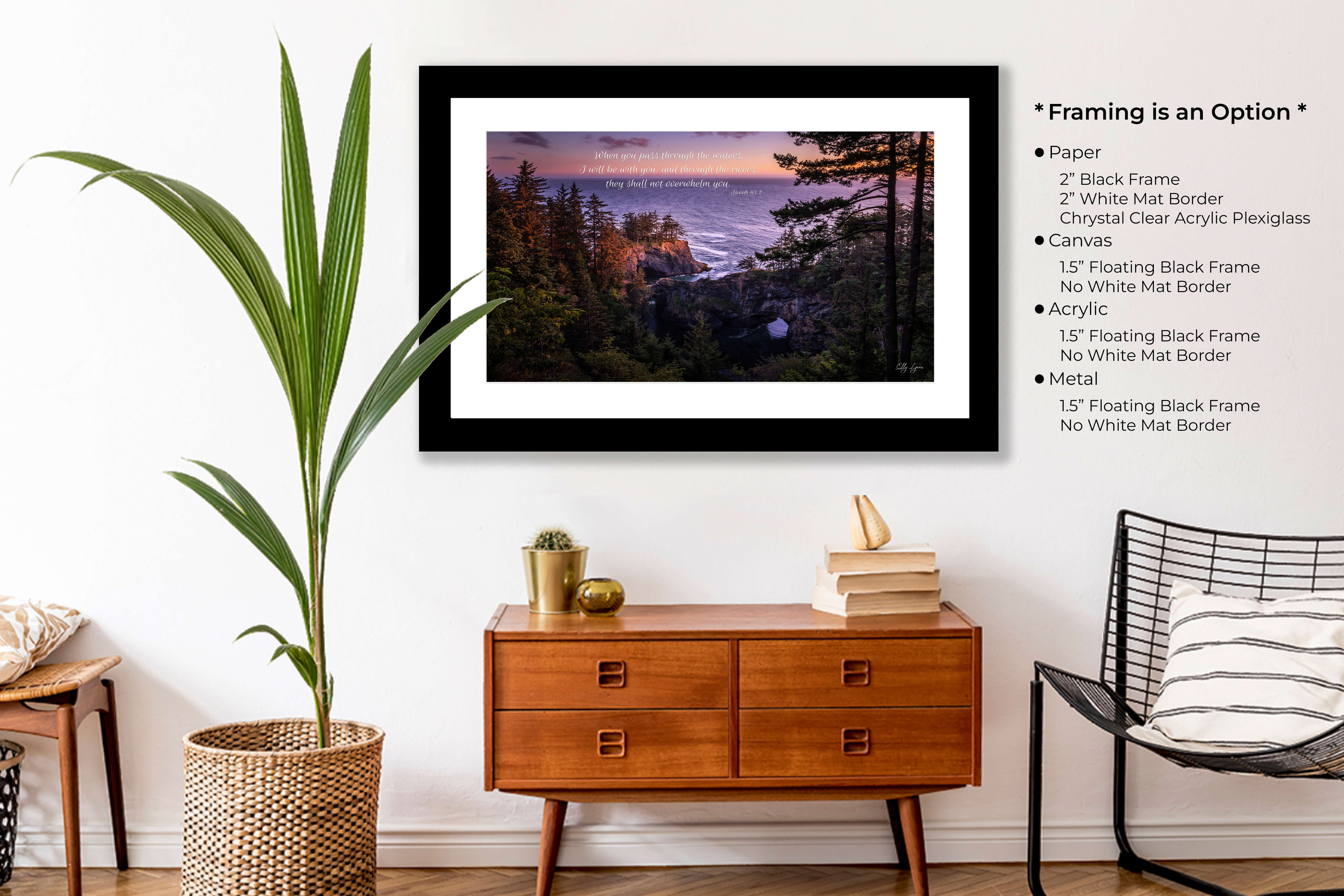 Framed scripture landscape art of Pacific coastline with Isaiah 43:2 displayed in peaceful room setting.