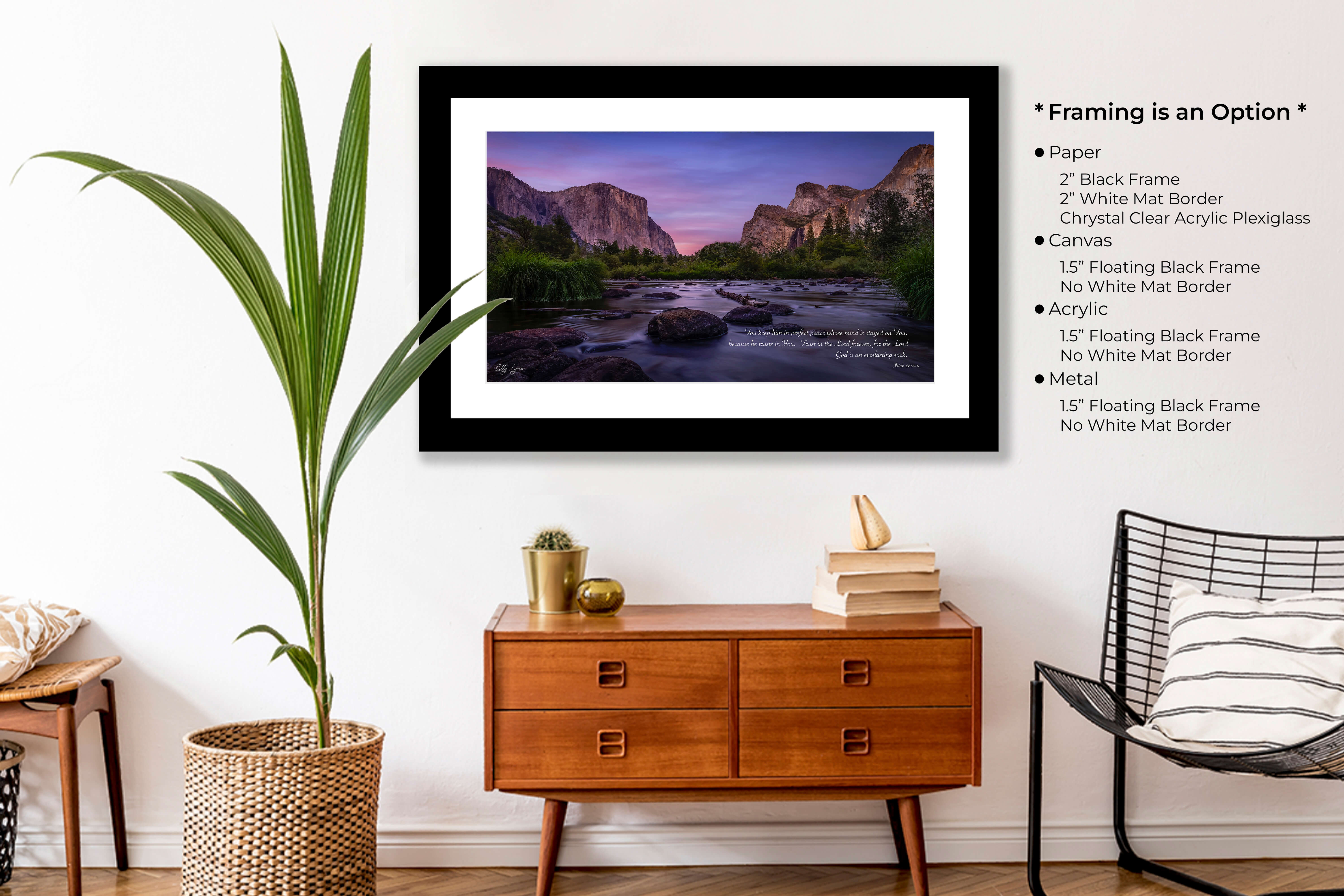 Framed scripture wall art of tranquil river valley scene with Isaiah 26:3-4 in a calming room setting.