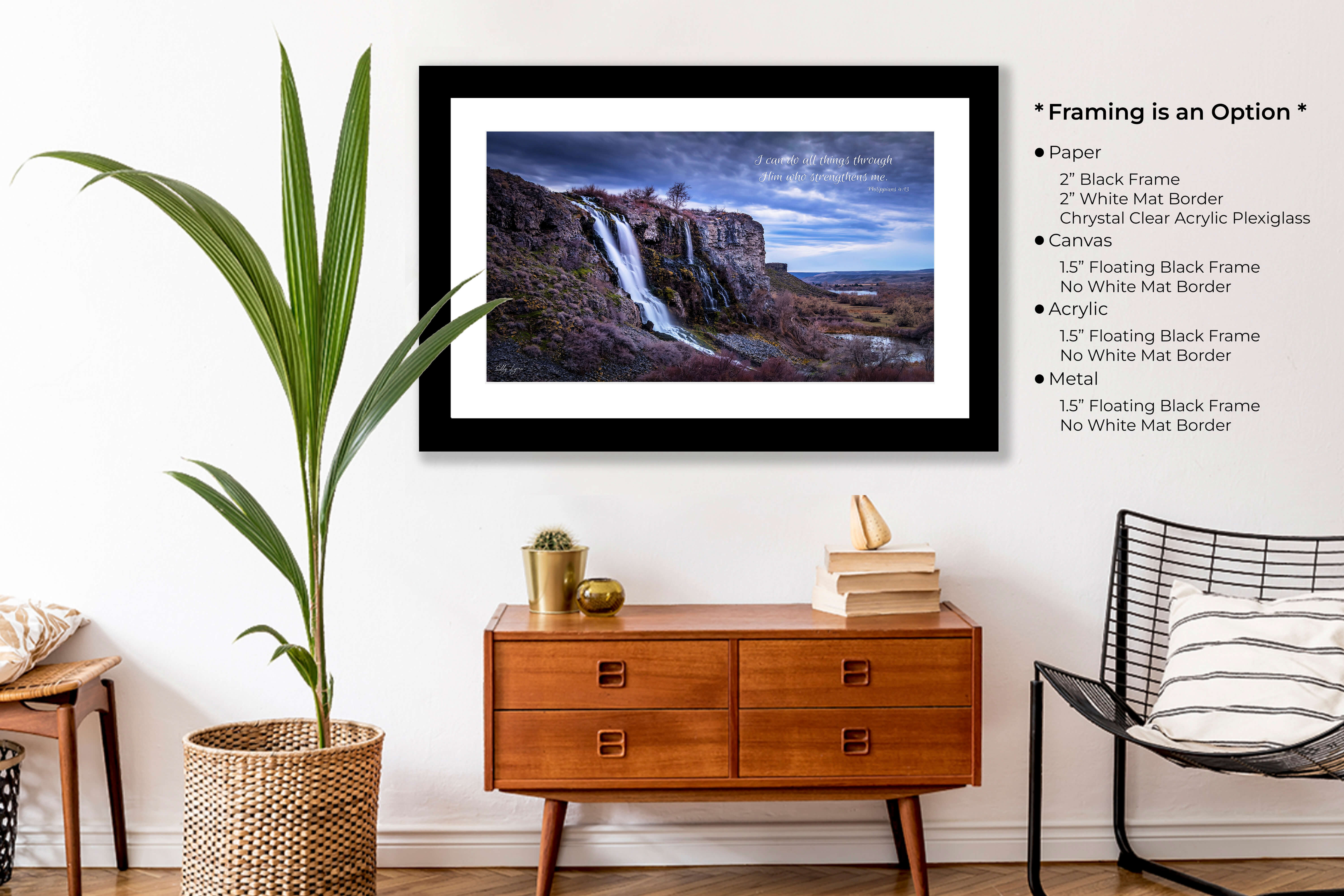 Framed Christian waterfall wall art featuring Philippians 4:13 displayed above a cozy seating area.
