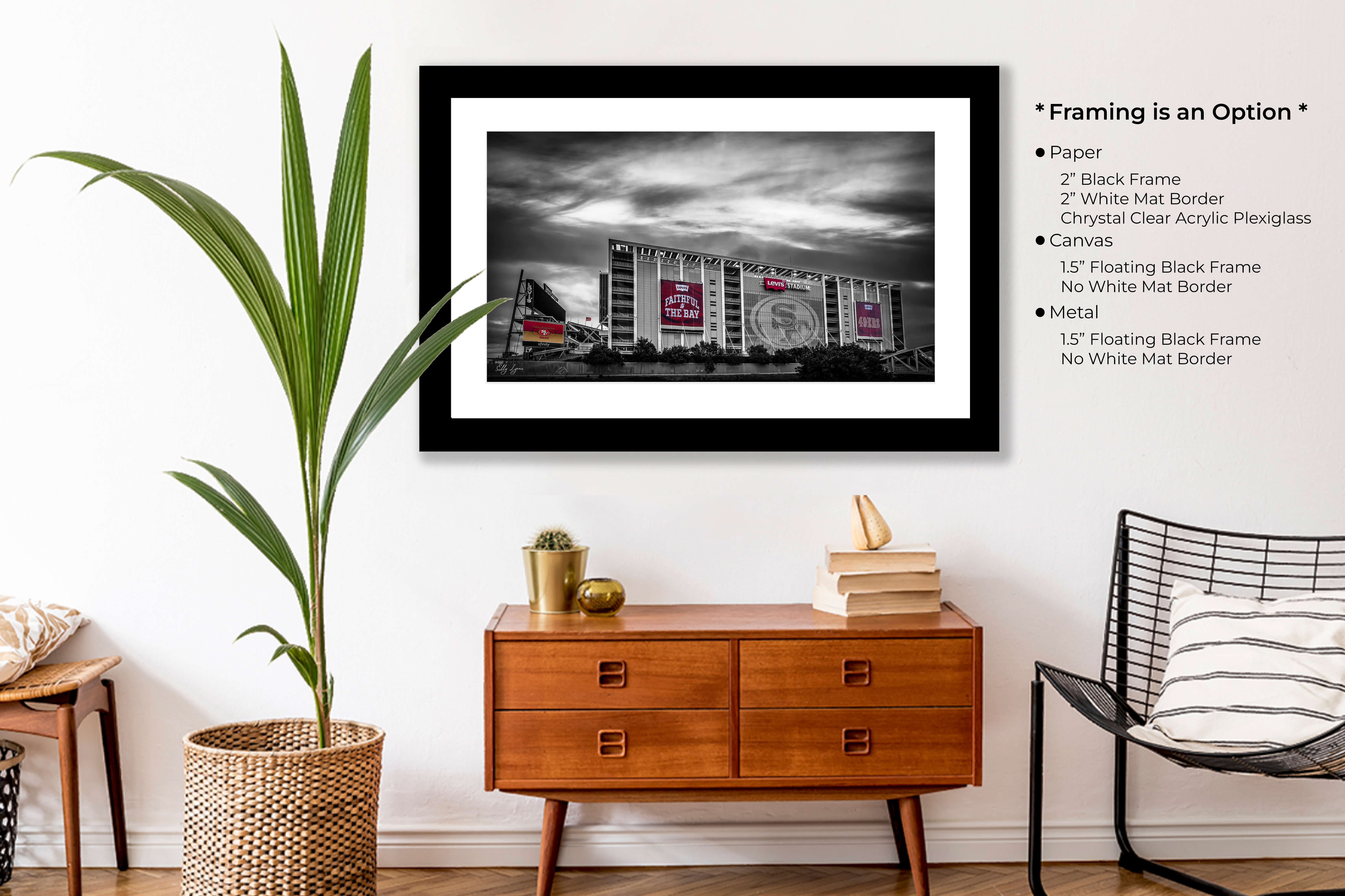 Framed Levi’s Stadium color splash artwork displayed in a minimalist room setting with text describing framing styles and customization options.