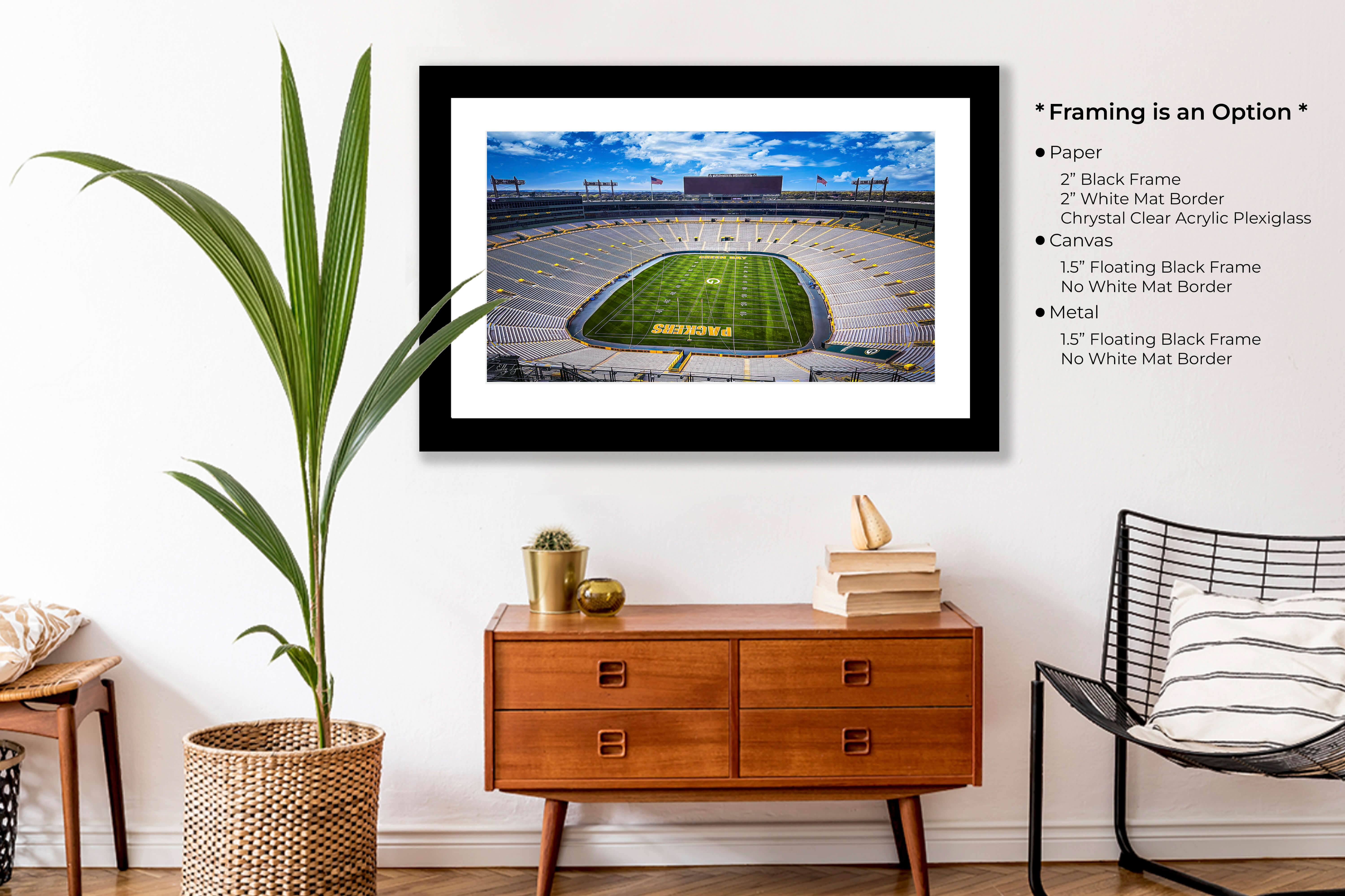 Framed Lambeau Field wall art shown with size and framing options for Packers stadium fine art print.