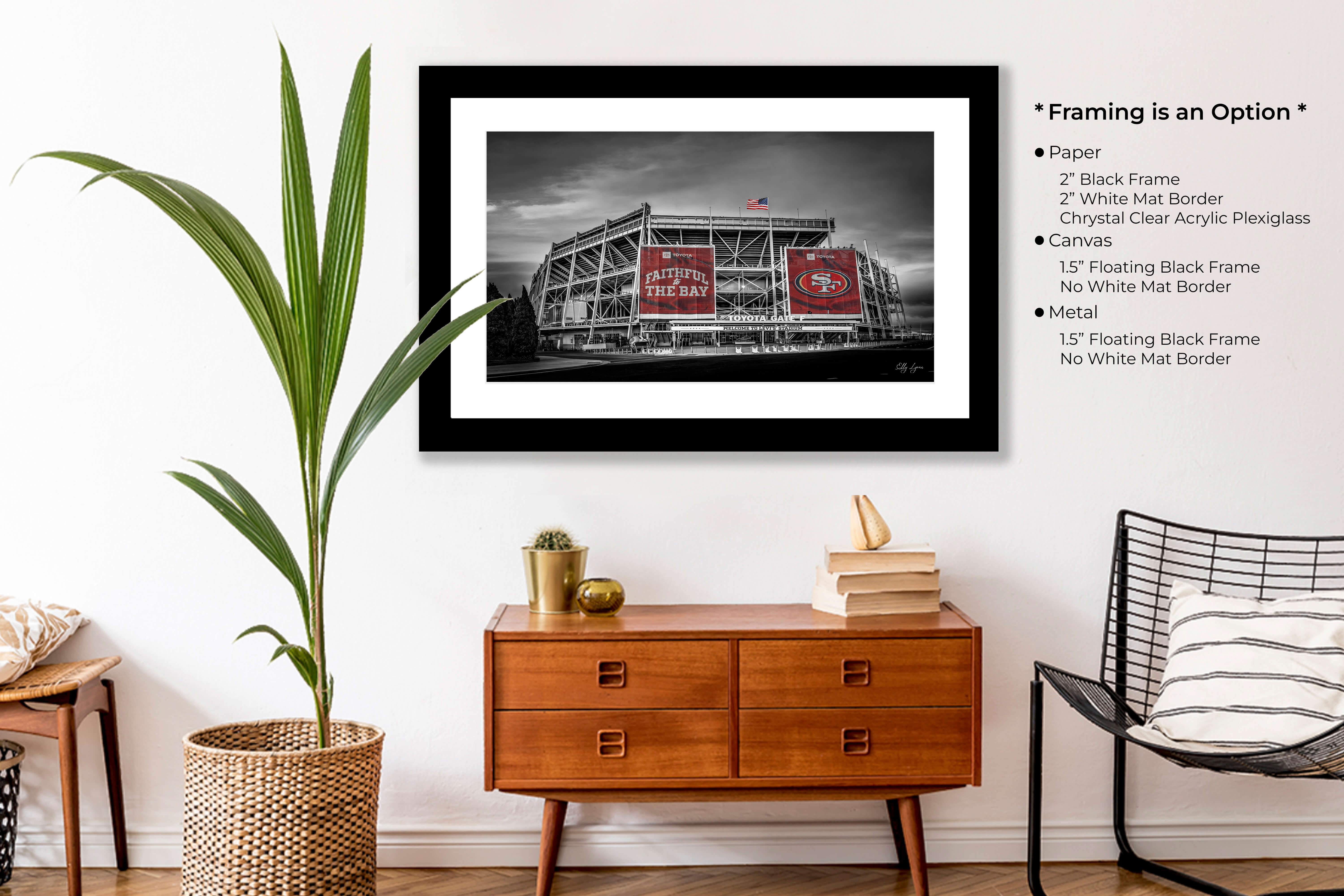 Framed Levi’s Stadium print with black and white architecture and red banners, alongside display text of print options.